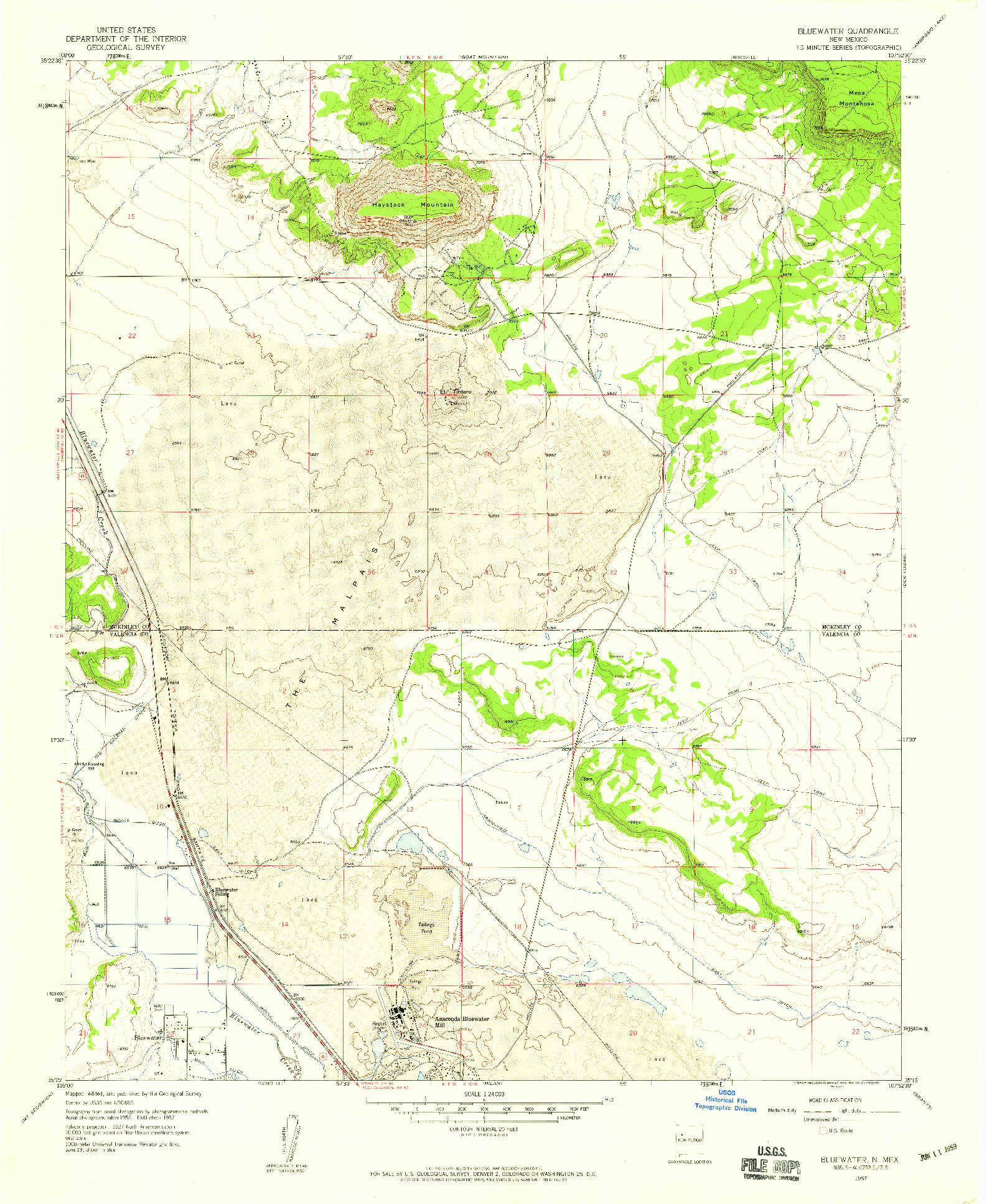 USGS 1:24000-SCALE QUADRANGLE FOR BLUEWATER, NM 1957