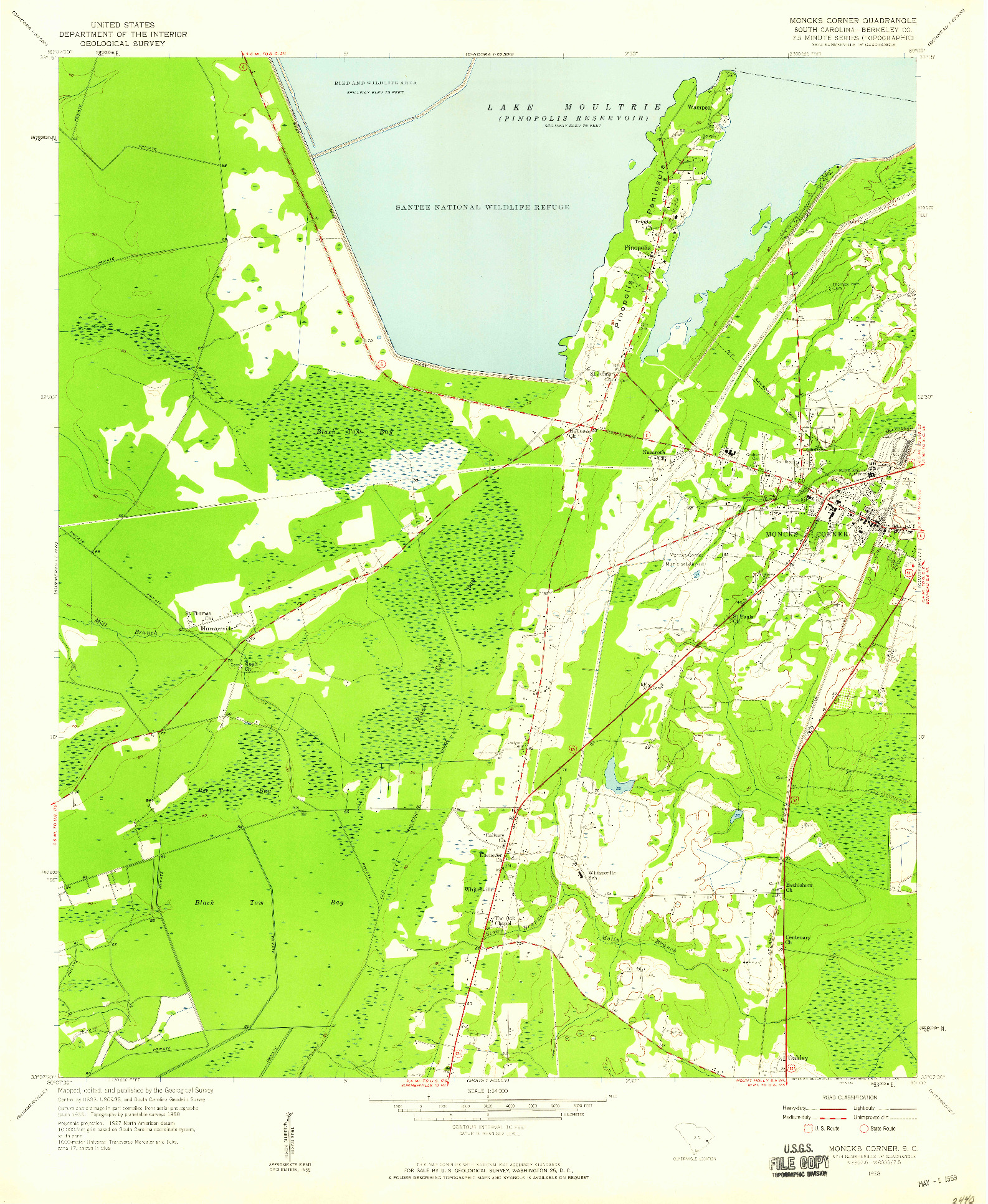 USGS 1:24000-SCALE QUADRANGLE FOR MONCKS CORNER, SC 1958