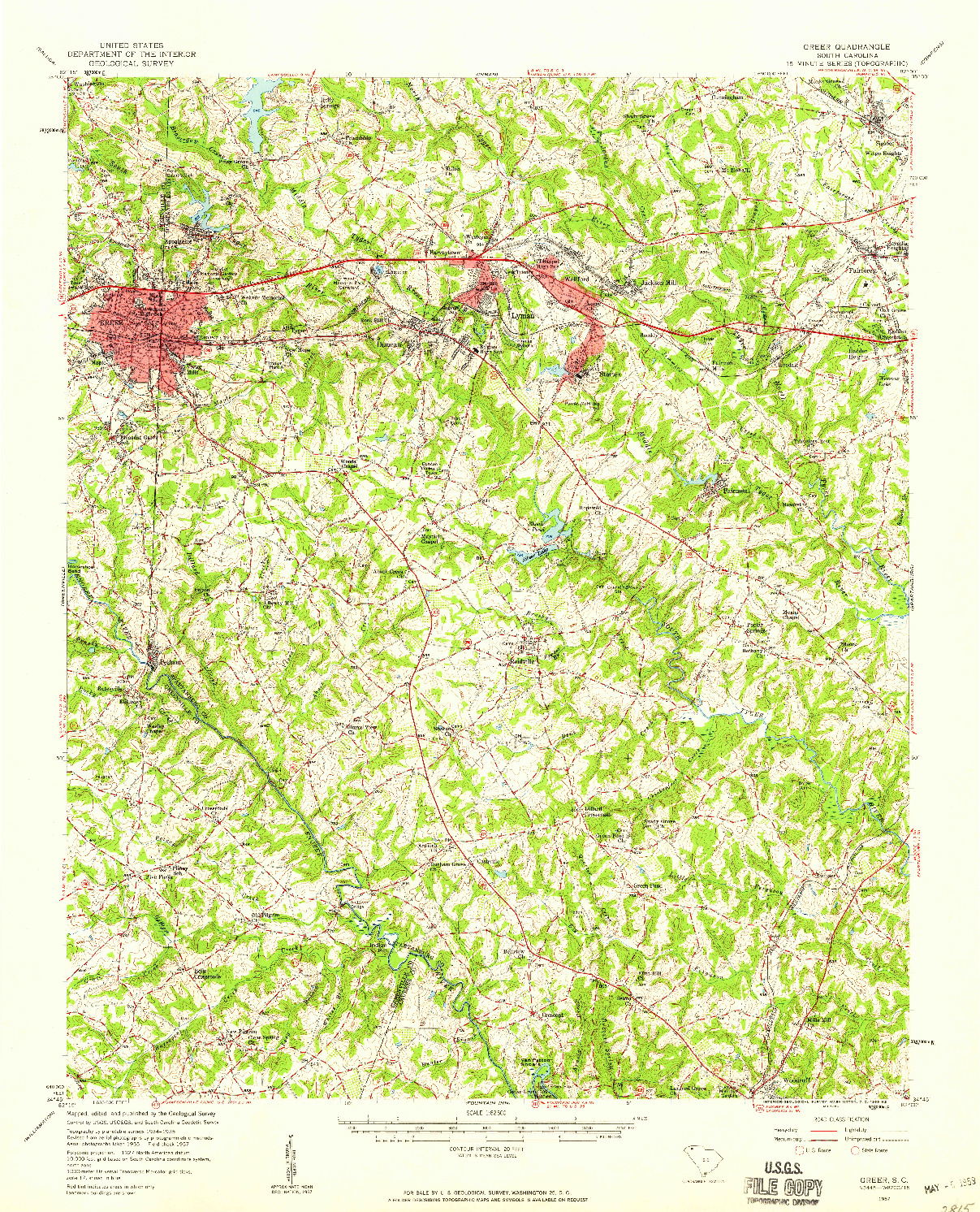 USGS 1:62500-SCALE QUADRANGLE FOR GREER, SC 1957