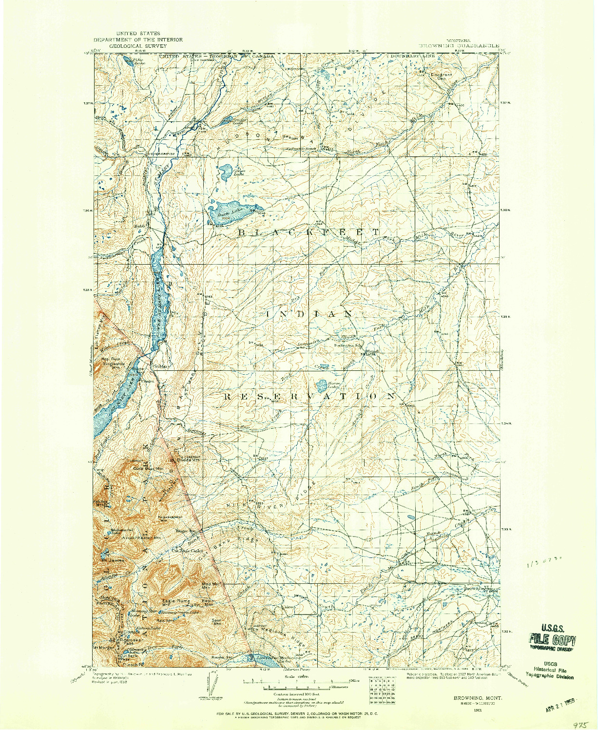 USGS 1:125000-SCALE QUADRANGLE FOR BROWNING, MT 1901