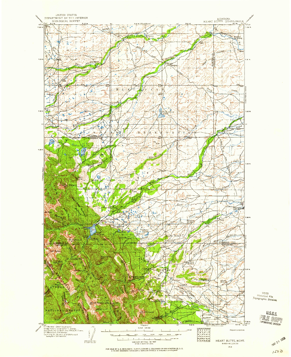 USGS 1:125000-SCALE QUADRANGLE FOR HEART BUTTE, MT 1914