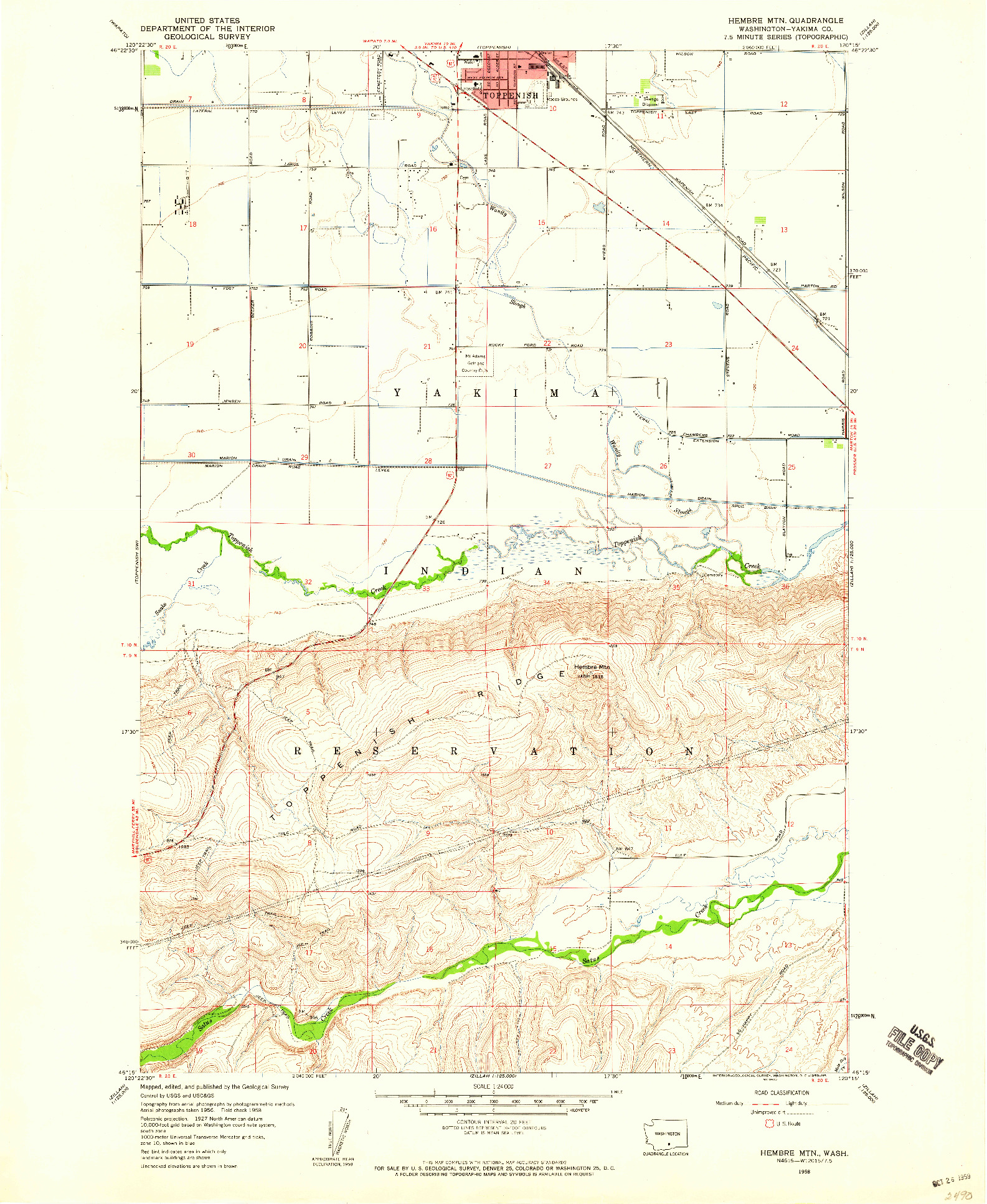 USGS 1:24000-SCALE QUADRANGLE FOR HEMBRE MTN, WA 1958