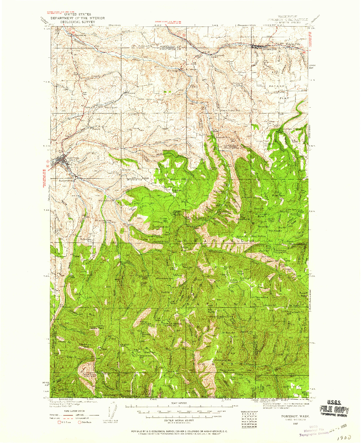 USGS 1:125000-SCALE QUADRANGLE FOR POMEROY, WA 1937