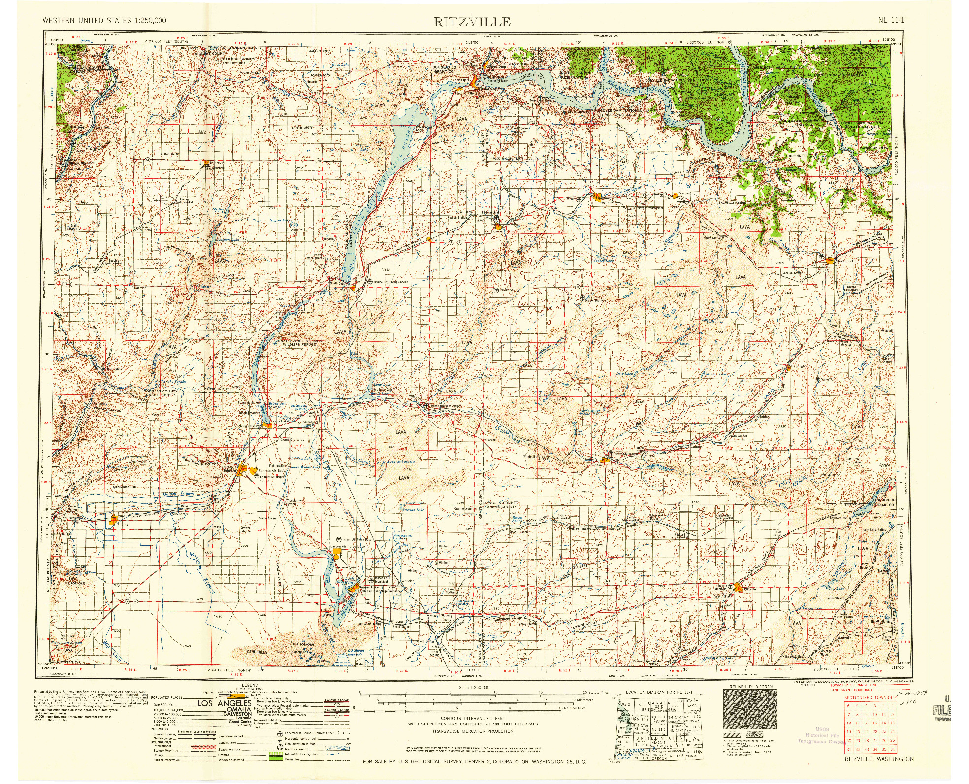 USGS 1:250000-SCALE QUADRANGLE FOR RITZVILLE, WA 1959