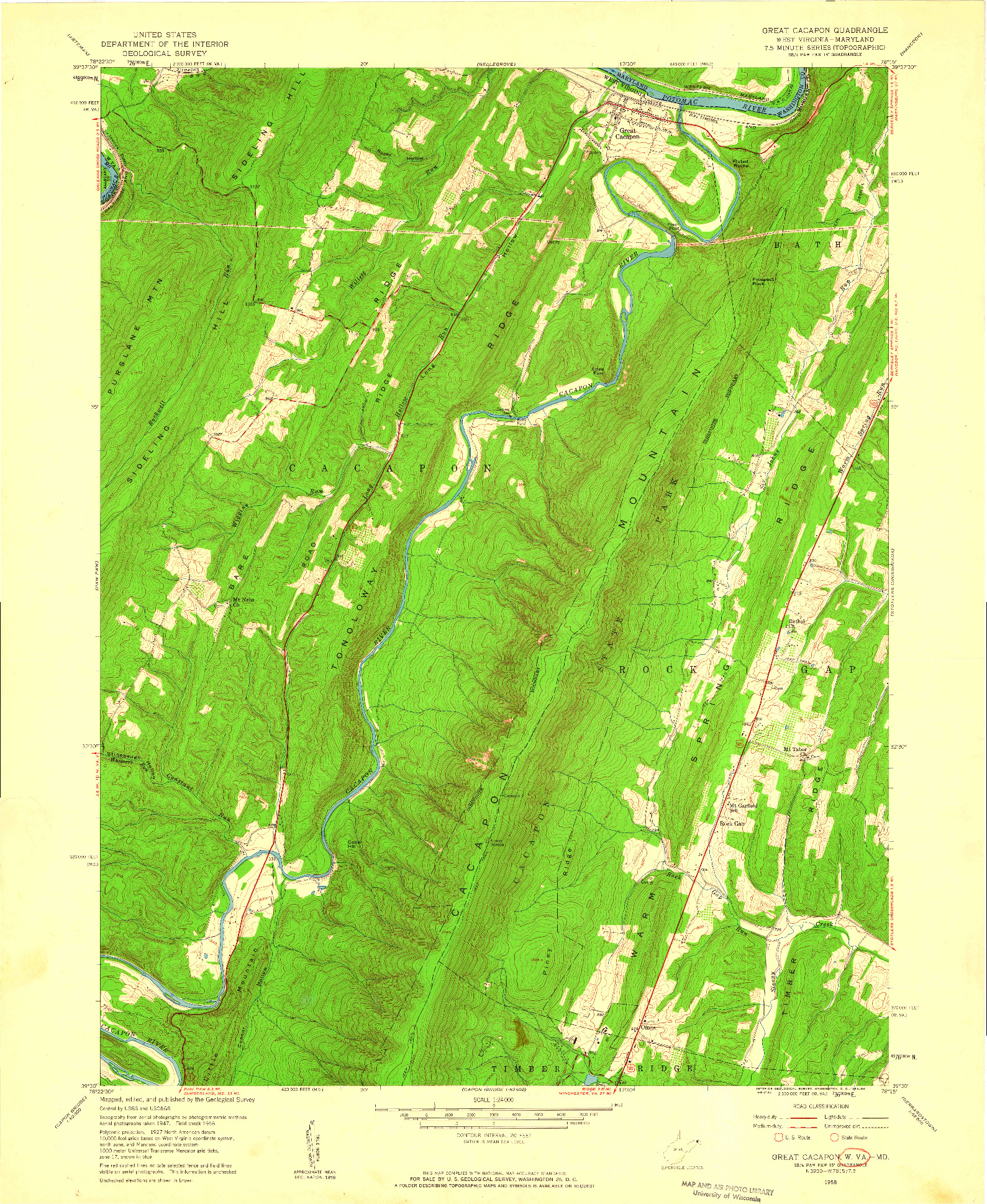 USGS 1:24000-SCALE QUADRANGLE FOR GREAT CACAPON, WV 1958