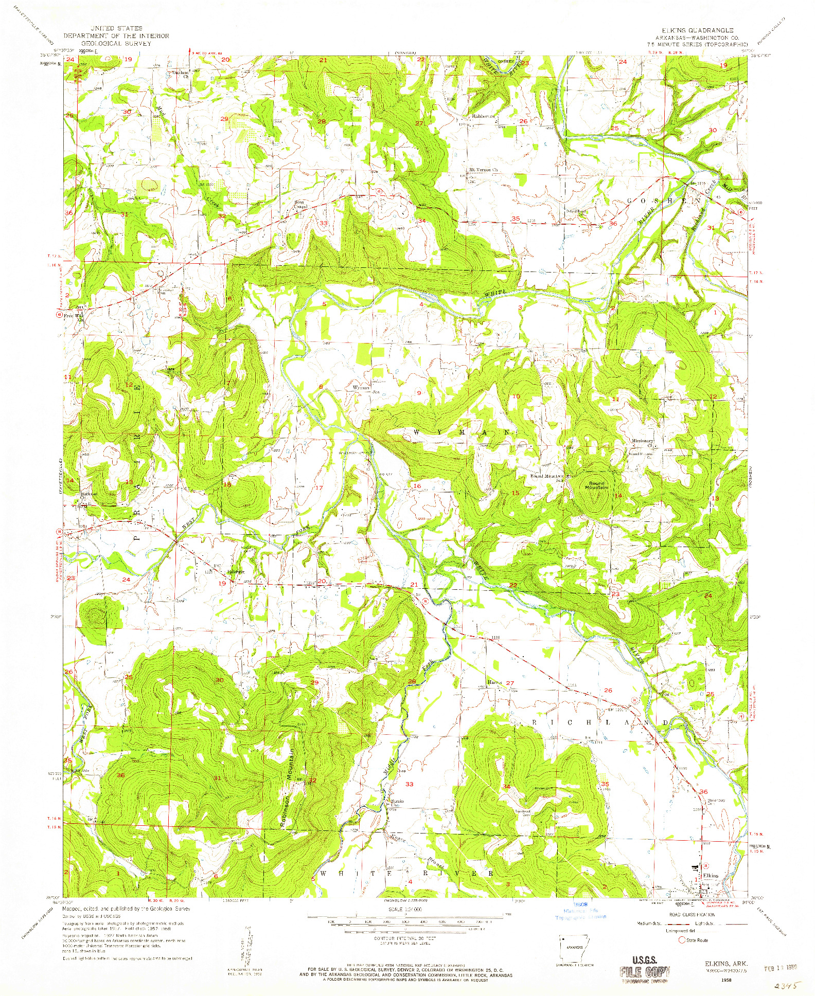 USGS 1:24000-SCALE QUADRANGLE FOR ELKINS, AR 1958