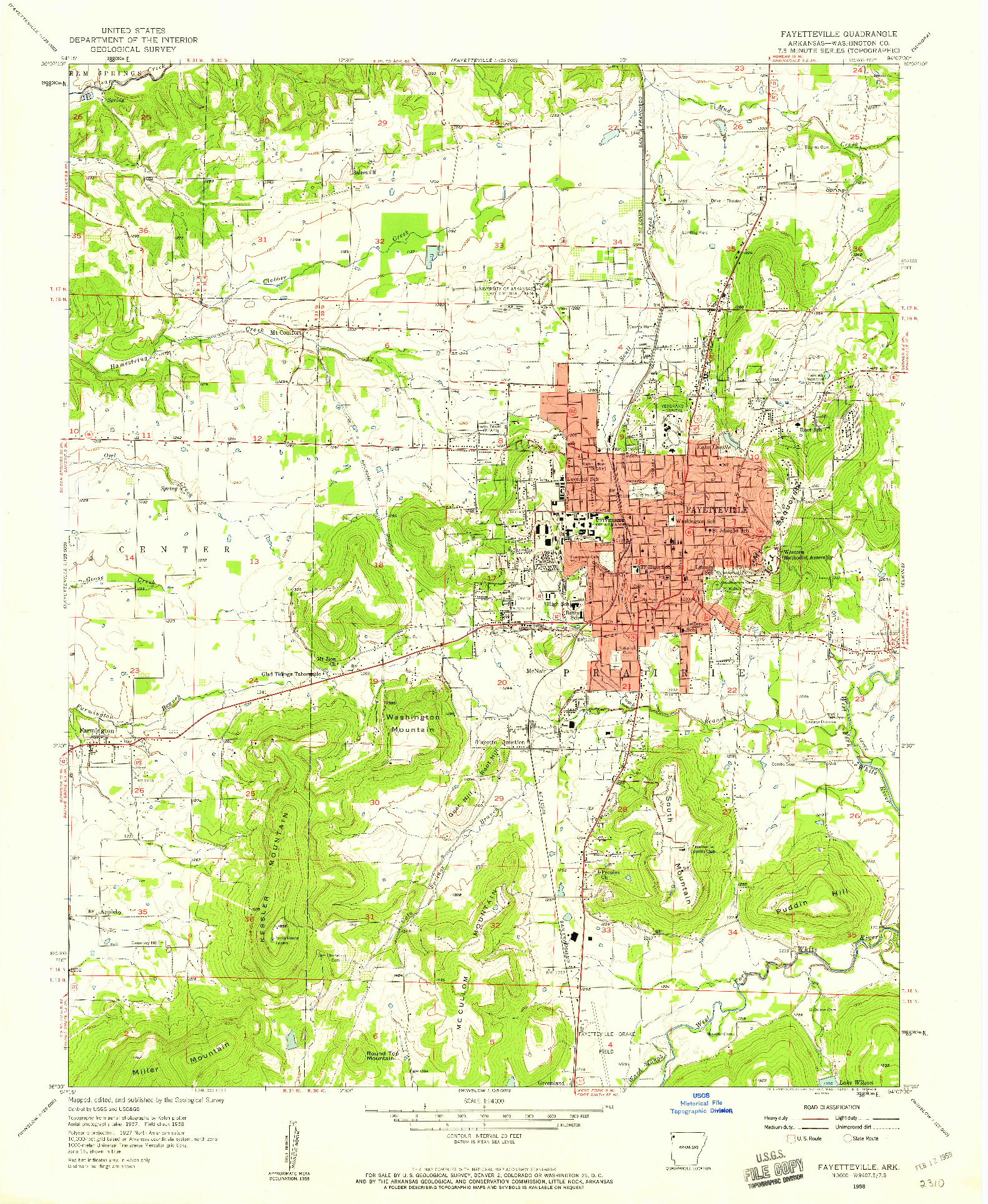 USGS 1:24000-SCALE QUADRANGLE FOR FAYETTEVILLE, AR 1958