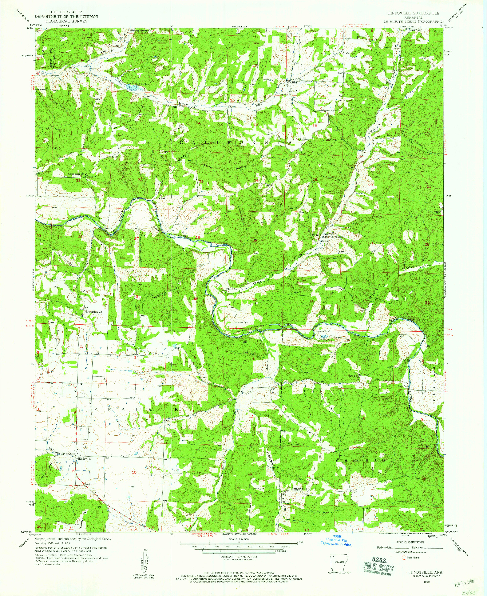 USGS 1:24000-SCALE QUADRANGLE FOR HINDSVILLE, AR 1958