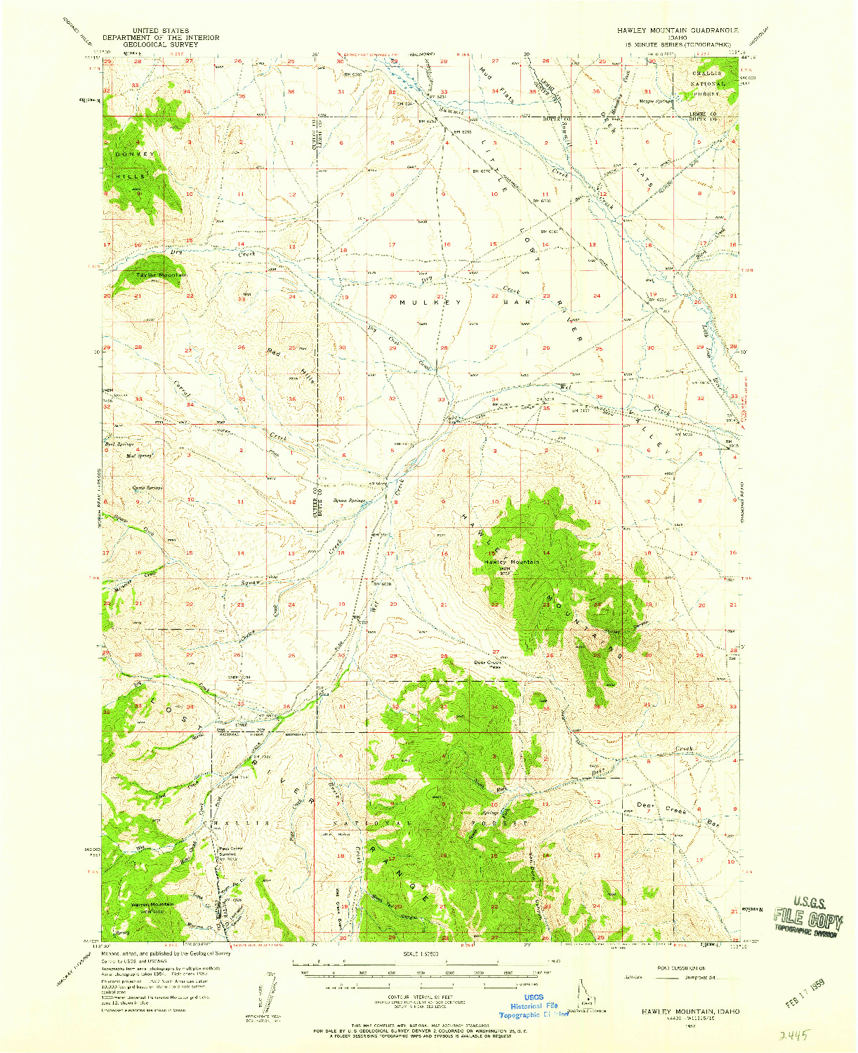 USGS 1:62500-SCALE QUADRANGLE FOR HAWLEY MOUNTAIN, ID 1957