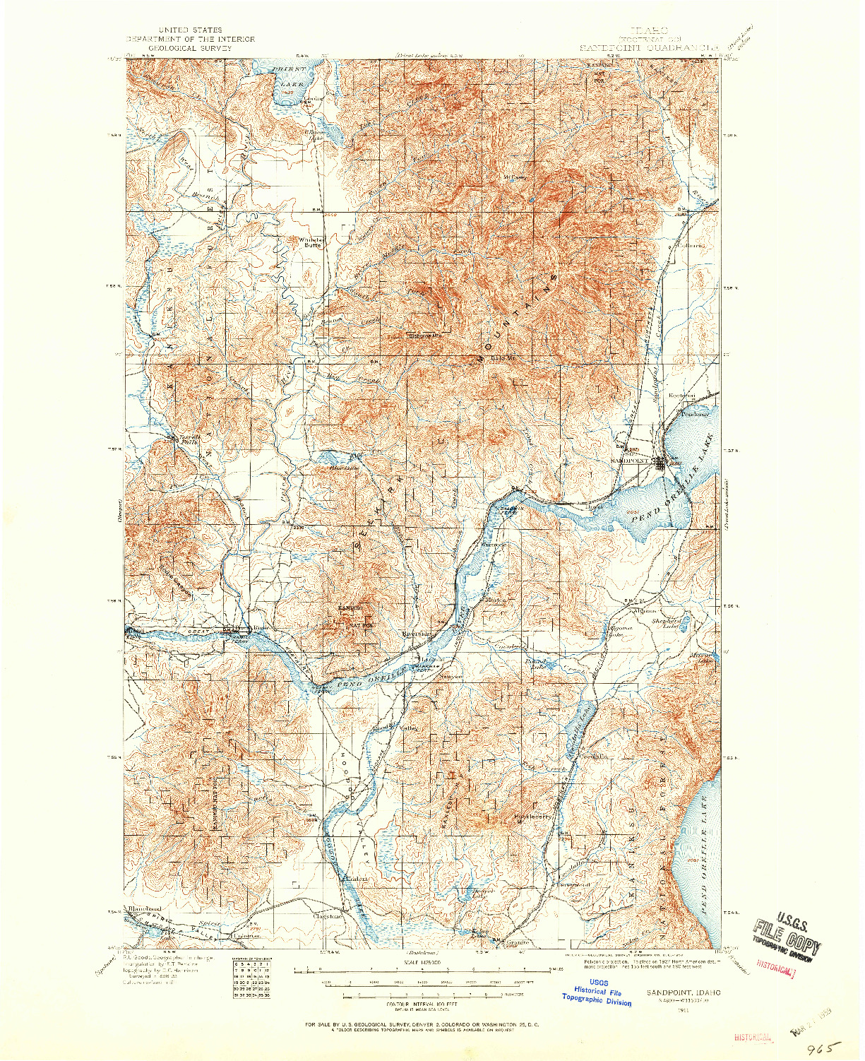 USGS 1:125000-SCALE QUADRANGLE FOR SANDPOINT, ID 1911