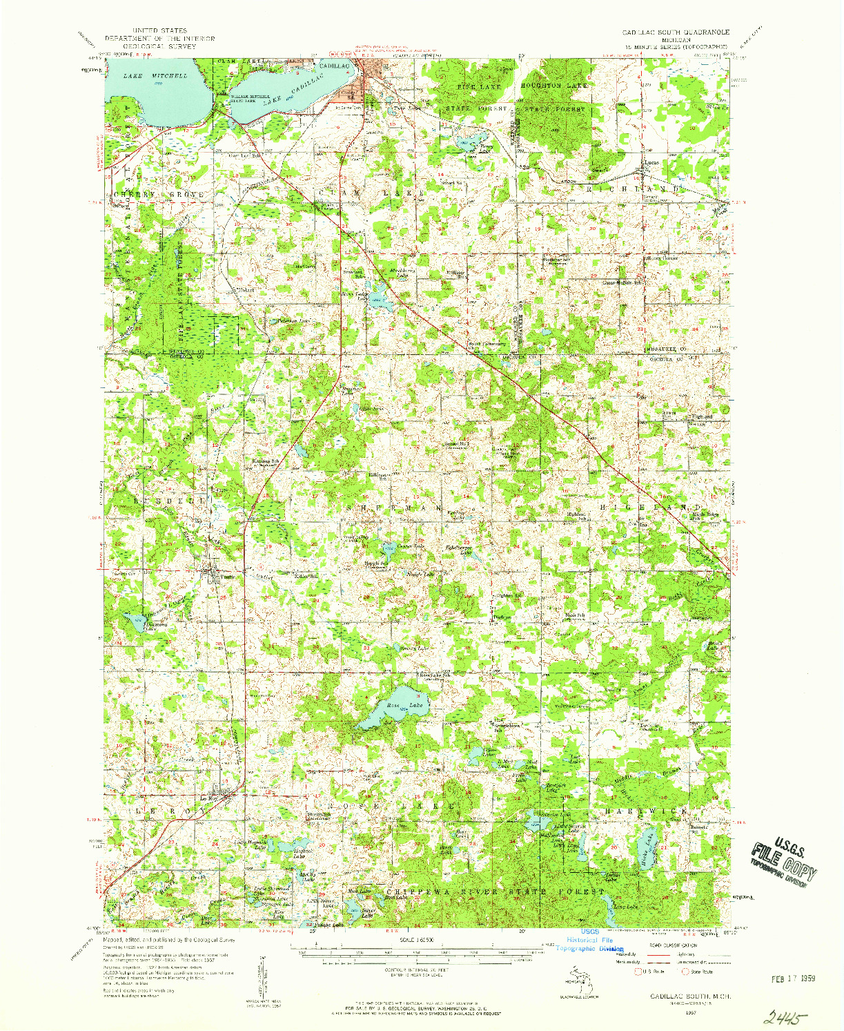 USGS 1:62500-SCALE QUADRANGLE FOR CADILLAC SOUTH, MI 1957