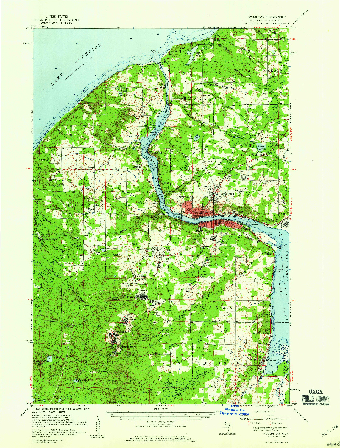 USGS 1:62500-SCALE QUADRANGLE FOR HOUGHTON, MI 1954