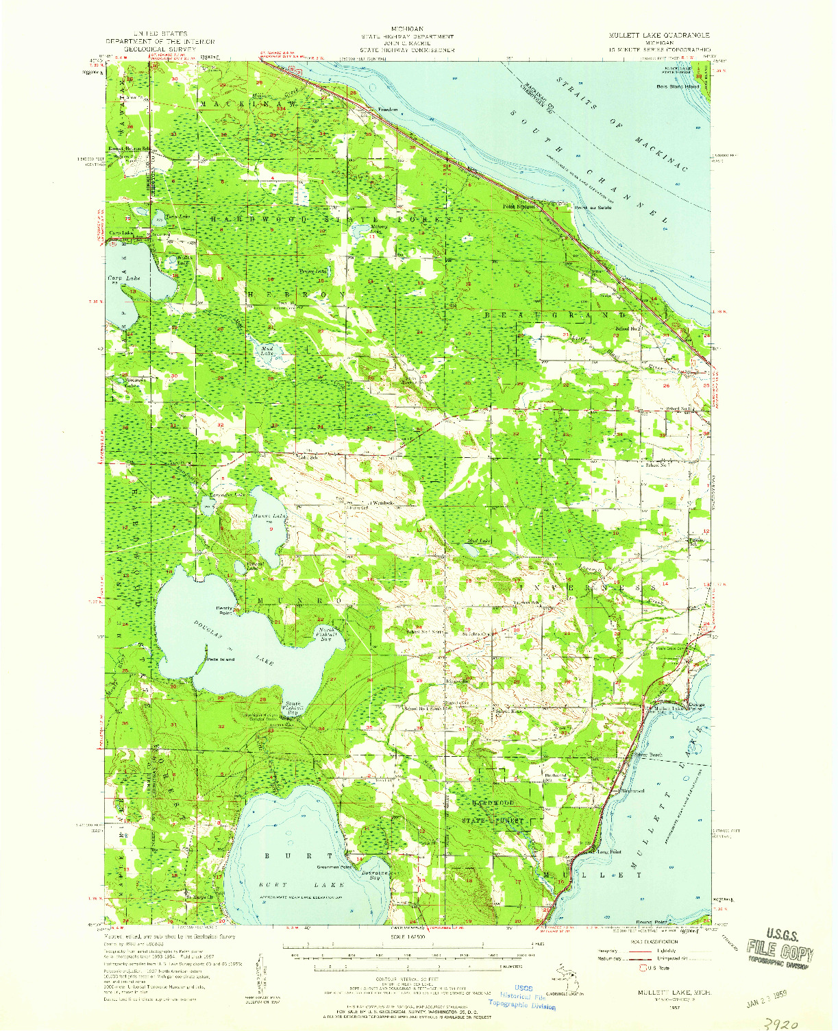 USGS 1:62500-SCALE QUADRANGLE FOR MULLETT LAKE, MI 1957