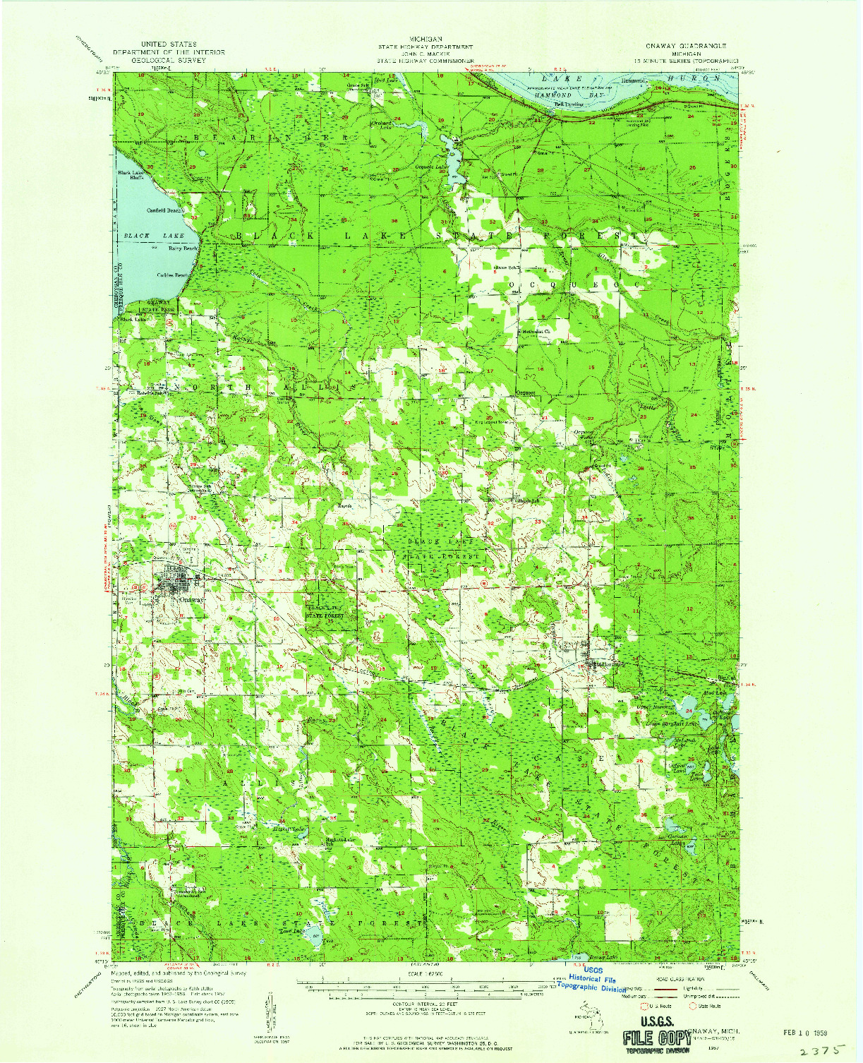 USGS 1:62500-SCALE QUADRANGLE FOR ONAWAY, MI 1957