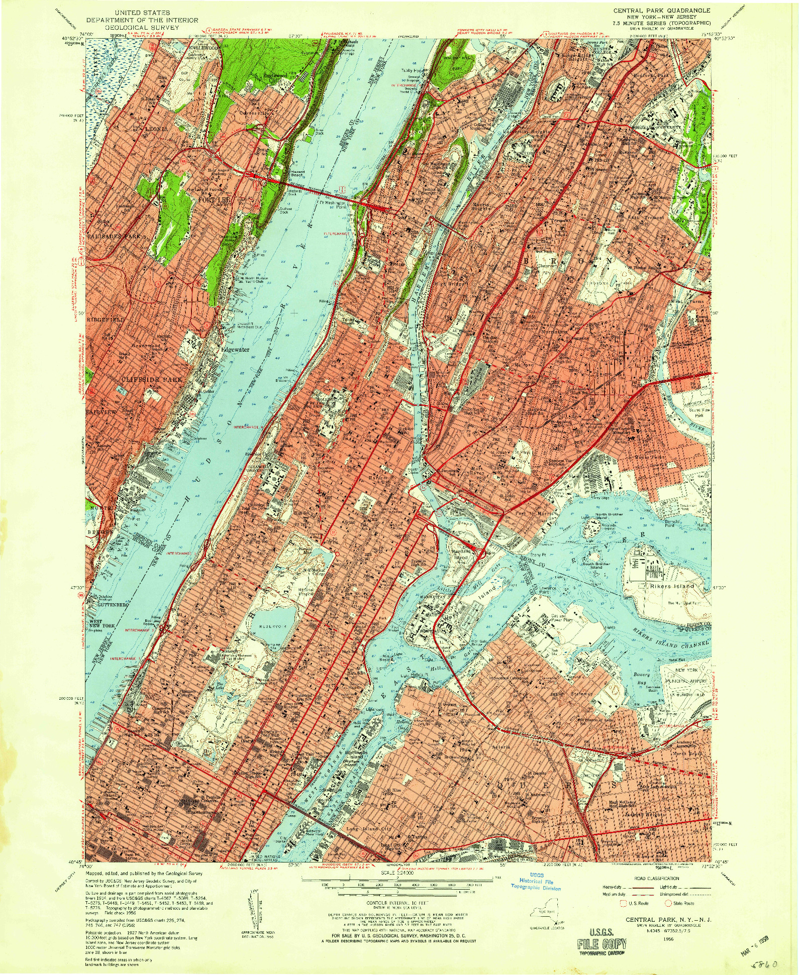 USGS 1:24000-SCALE QUADRANGLE FOR CENTRAL PARK, NY 1956