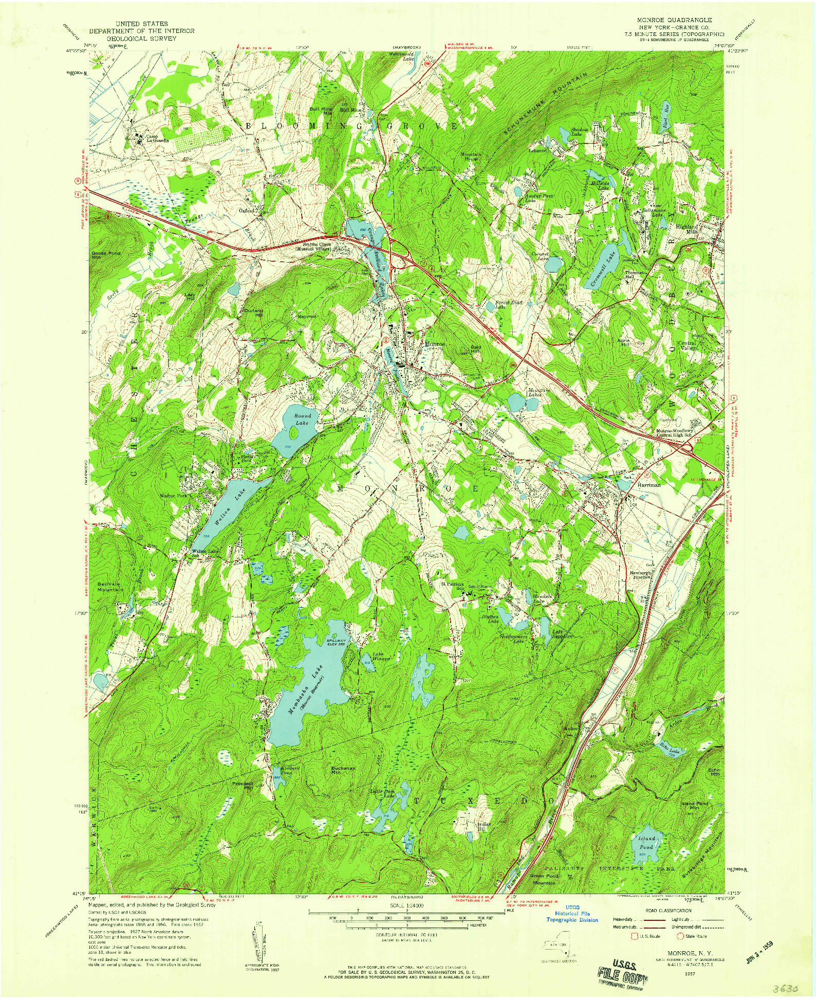 USGS 1:24000-SCALE QUADRANGLE FOR MONROE, NY 1957