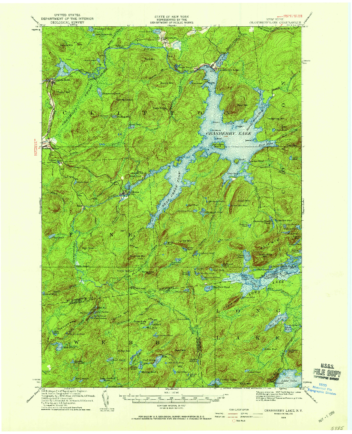 USGS 1:62500-SCALE QUADRANGLE FOR CRANBERRY LAKE, NY 1919
