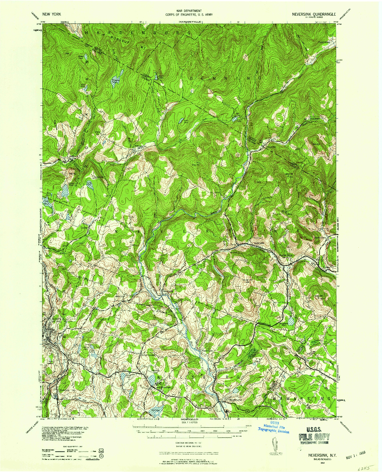 USGS 1:62500-SCALE QUADRANGLE FOR NEVERSINK, NY 1942