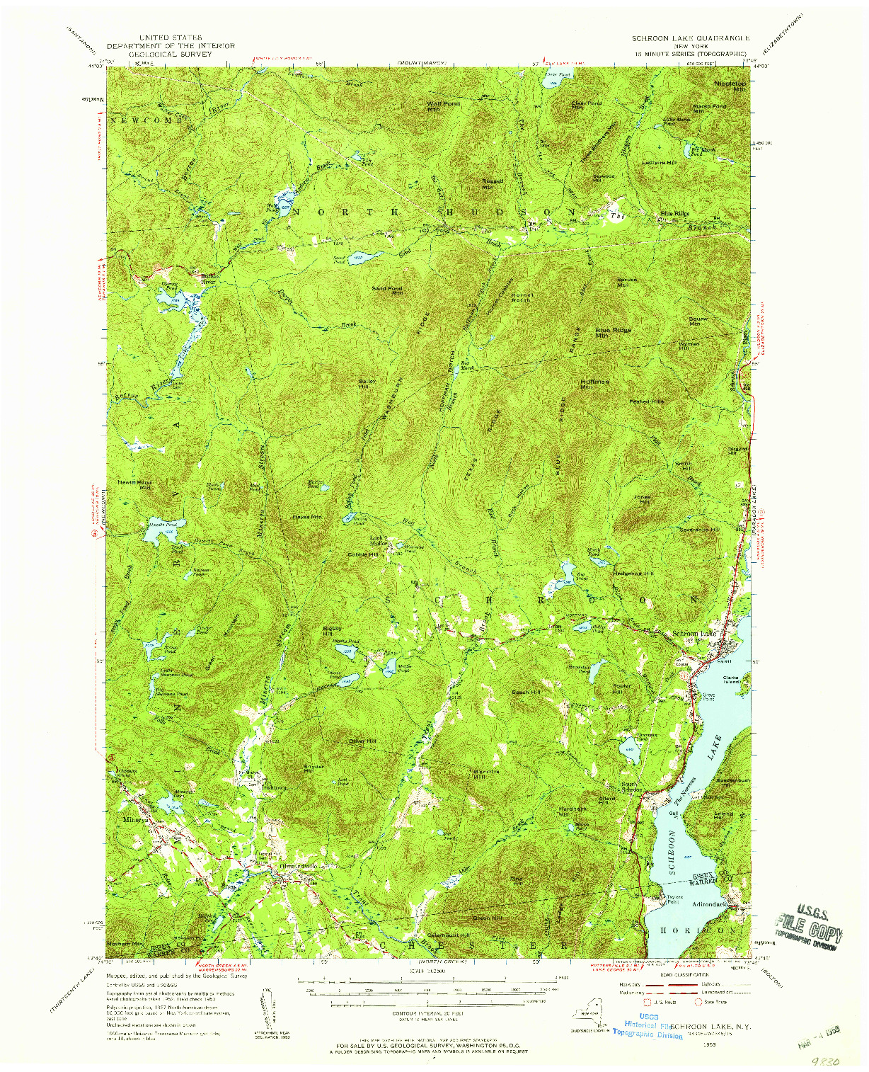 USGS 1:62500-SCALE QUADRANGLE FOR SCHROON LAKE, NY 1953