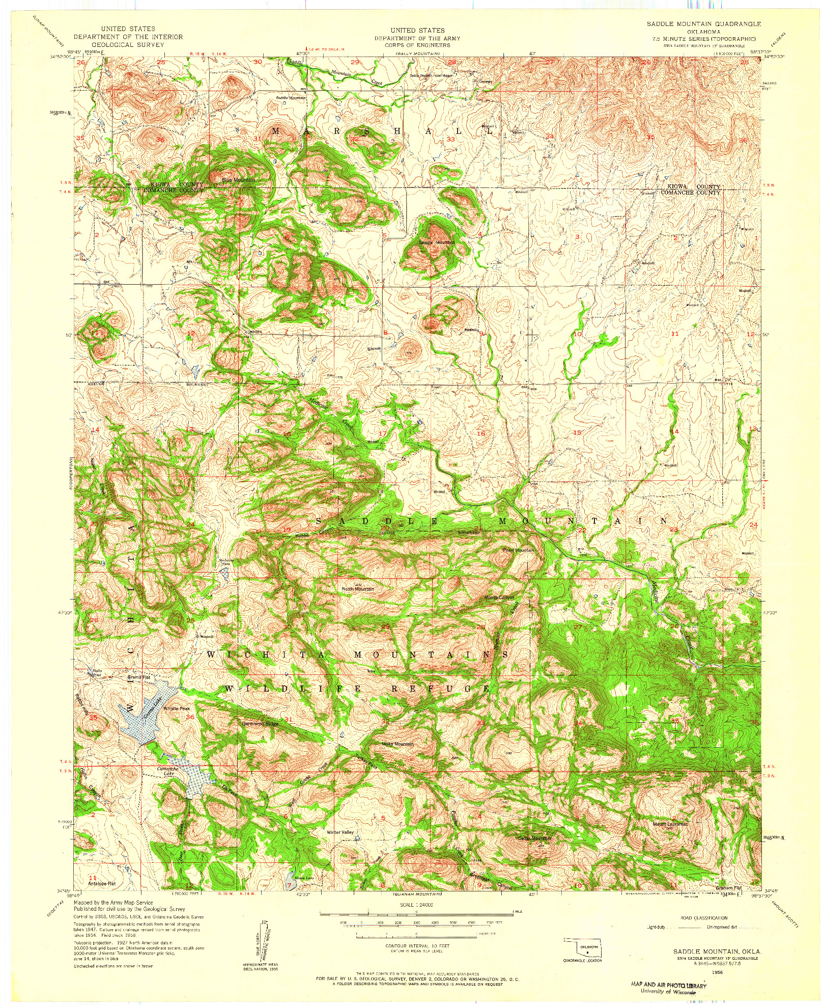 USGS 1:24000-SCALE QUADRANGLE FOR SADDLE MOUNTAIN, OK 1956