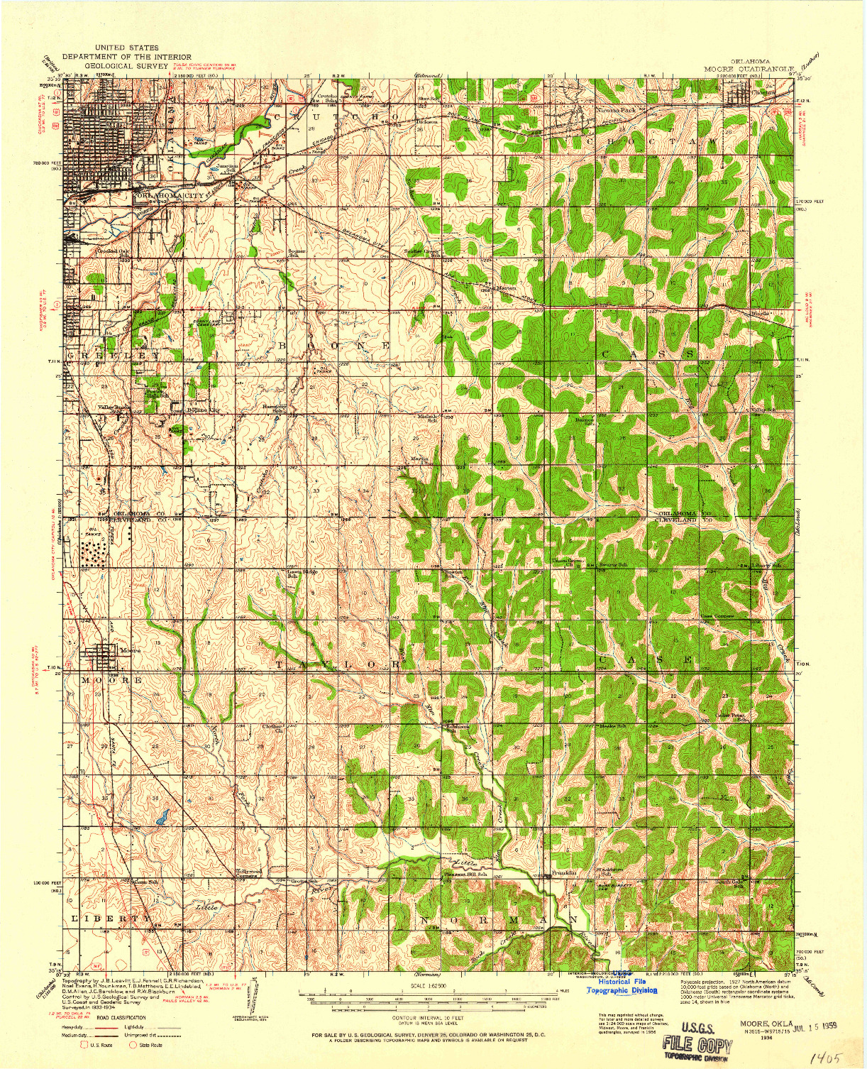 USGS 1:62500-SCALE QUADRANGLE FOR MOORE, OK 1934