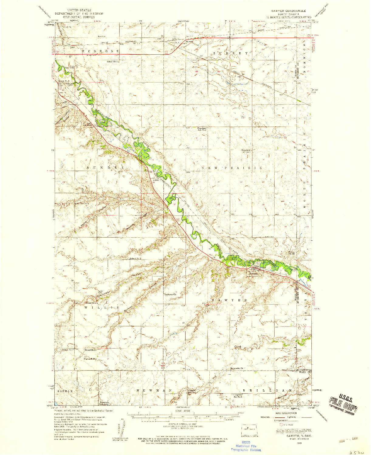 USGS 1:62500-SCALE QUADRANGLE FOR SAWYER, ND 1949