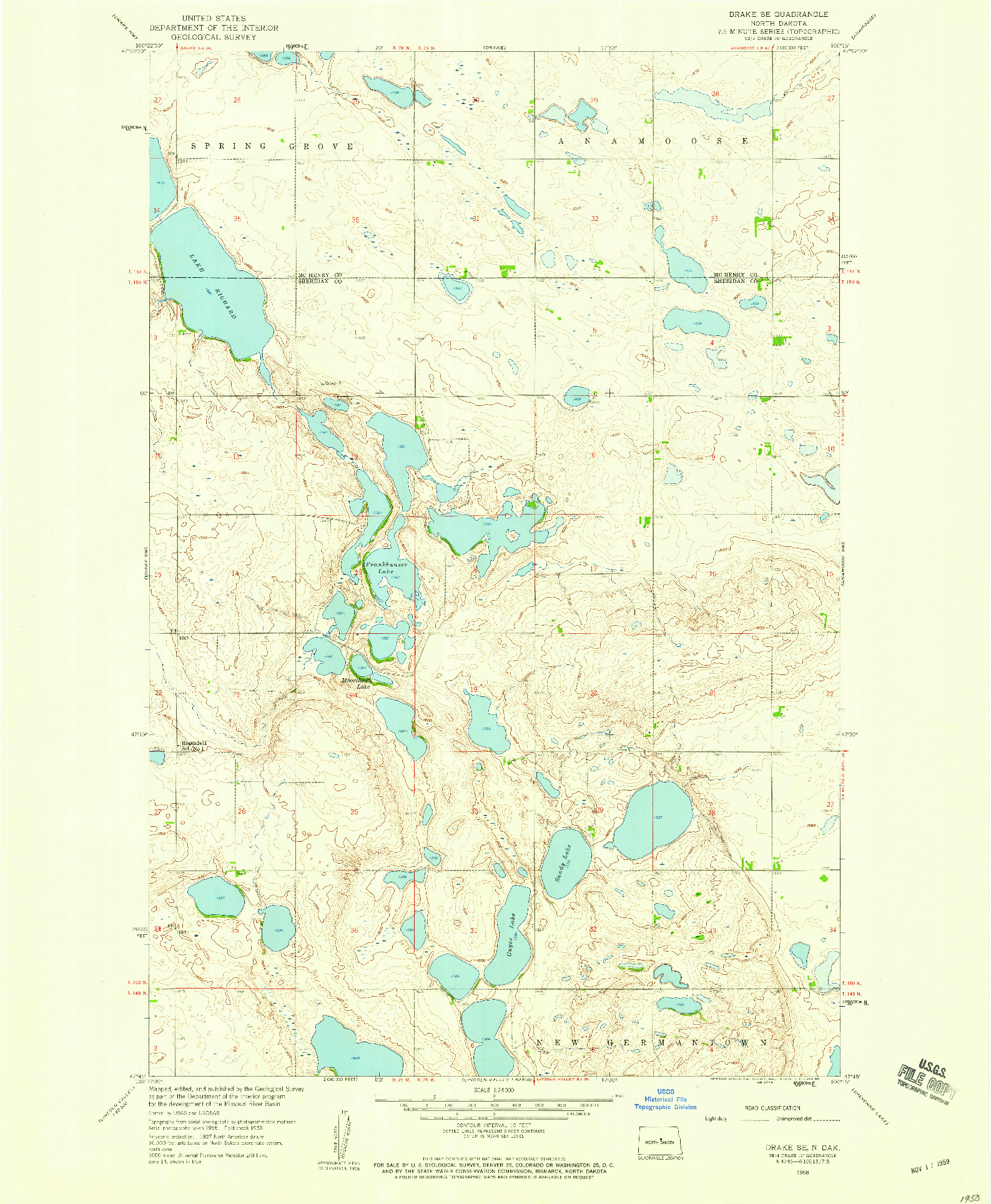 USGS 1:24000-SCALE QUADRANGLE FOR DRAKE SE, ND 1958