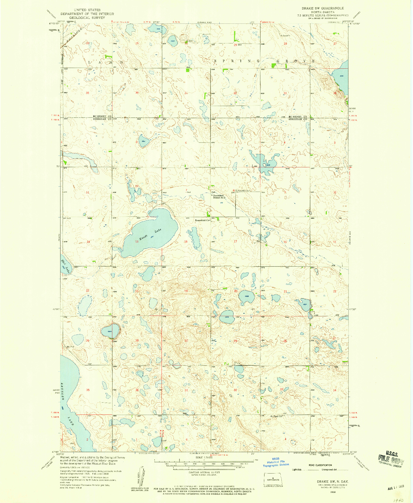 USGS 1:24000-SCALE QUADRANGLE FOR DRAKE SW, ND 1958