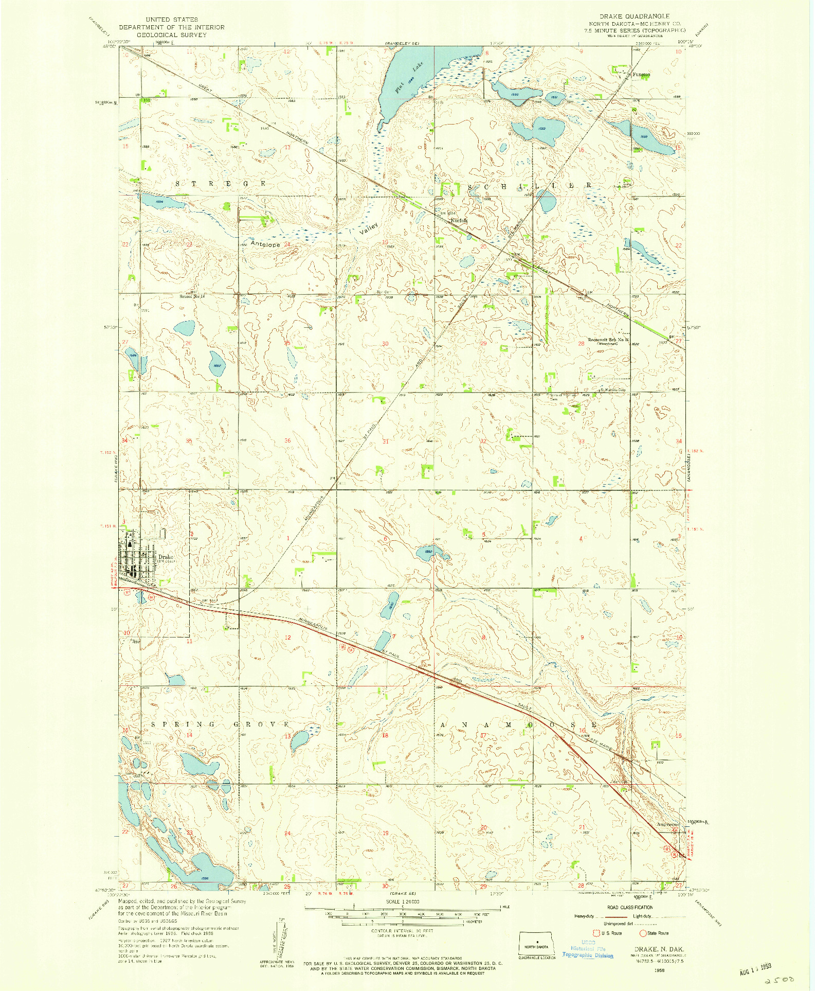 USGS 1:24000-SCALE QUADRANGLE FOR DRAKE, ND 1958