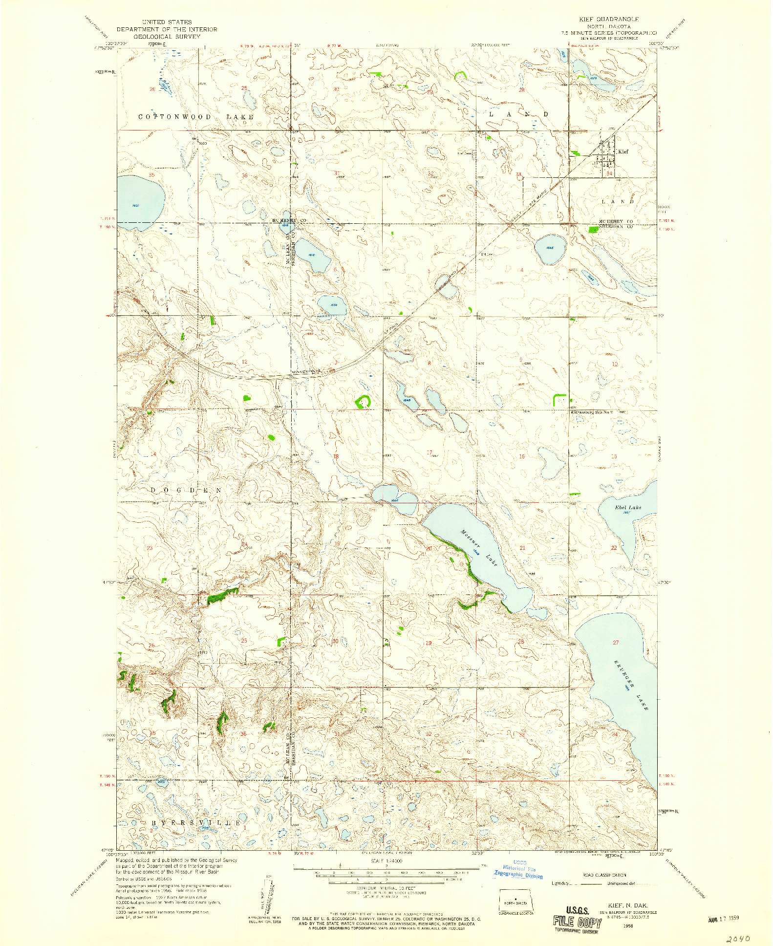 USGS 1:24000-SCALE QUADRANGLE FOR KIEF, ND 1958