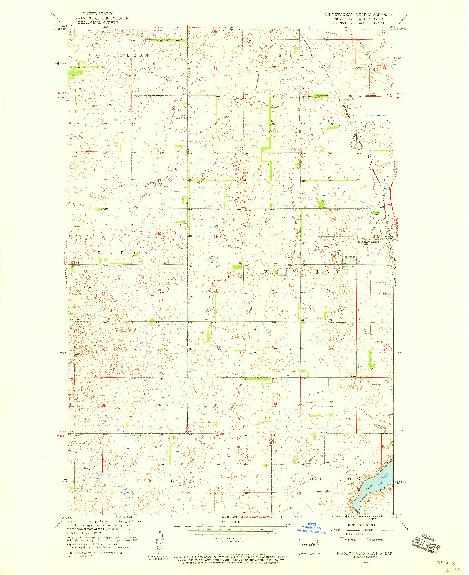 USGS 1:24000-SCALE QUADRANGLE FOR MINNEWAUKAN WEST, ND 1958