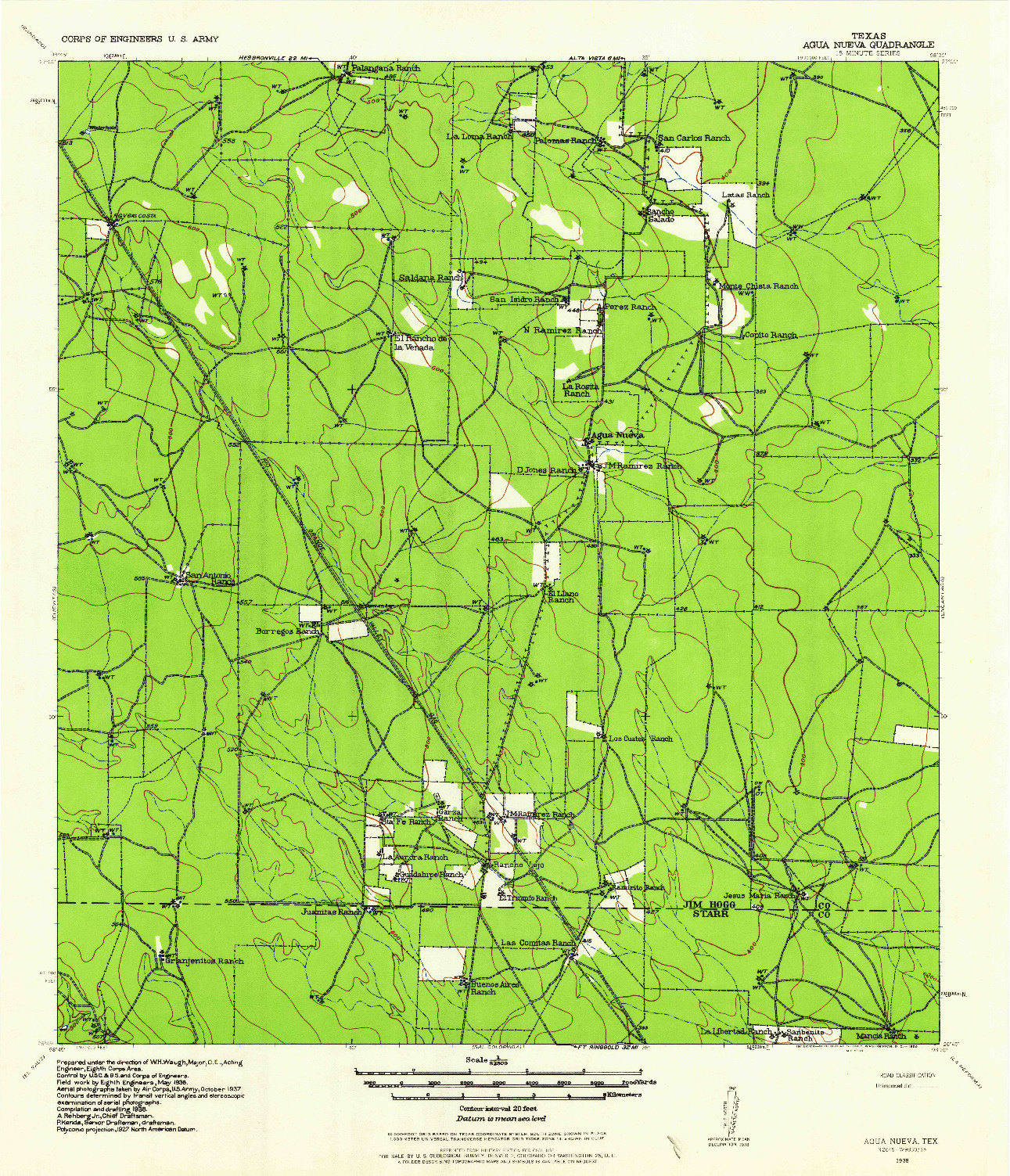 USGS 1:62500-SCALE QUADRANGLE FOR AGUA NUEVA, TX 1938