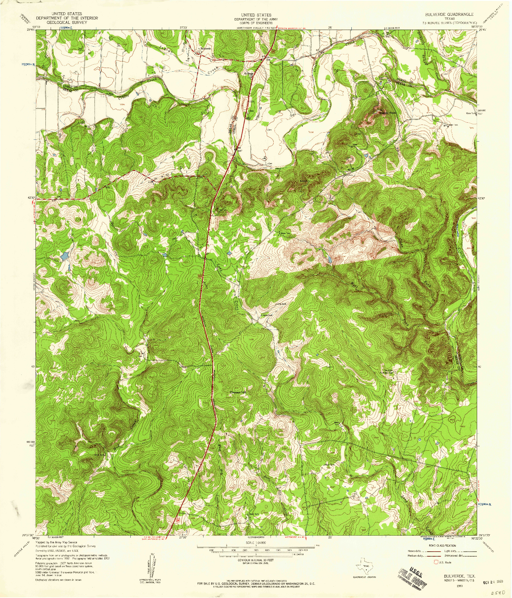 USGS 1:24000-SCALE QUADRANGLE FOR BULVERDE, TX 1953
