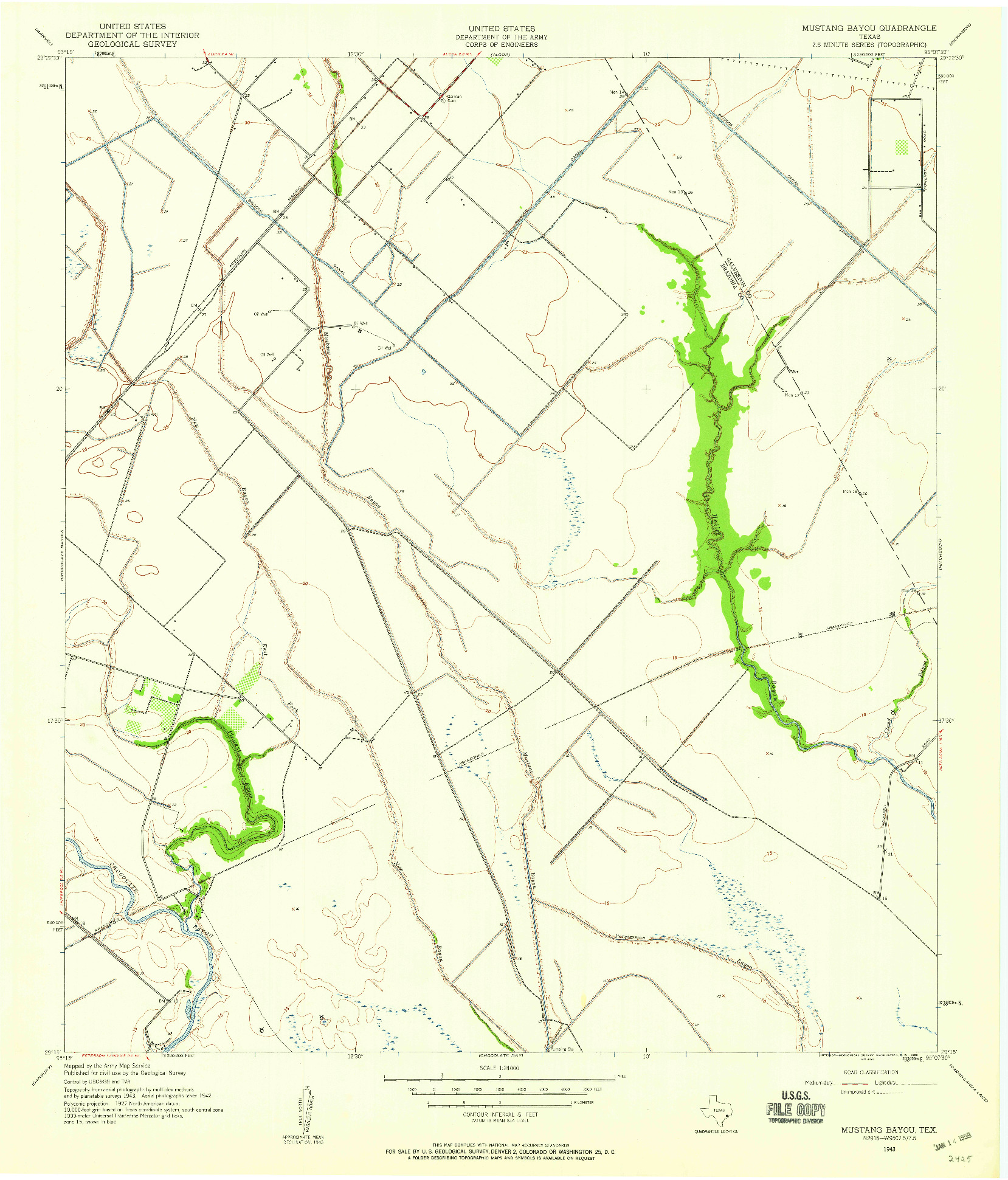 USGS 1:24000-SCALE QUADRANGLE FOR MUSTANG BAYOU, TX 1943