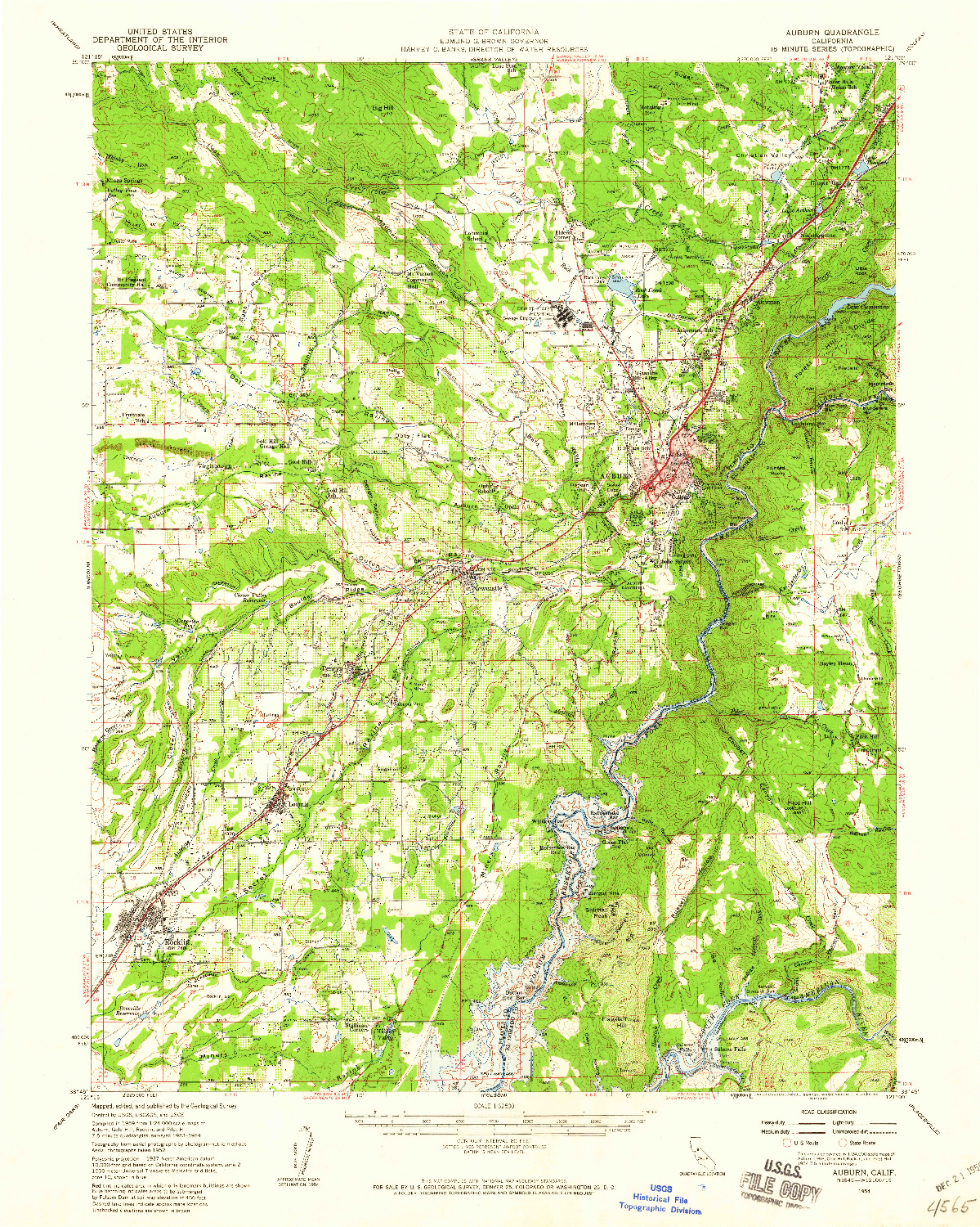 USGS 1:62500-SCALE QUADRANGLE FOR AUBURN, CA 1954