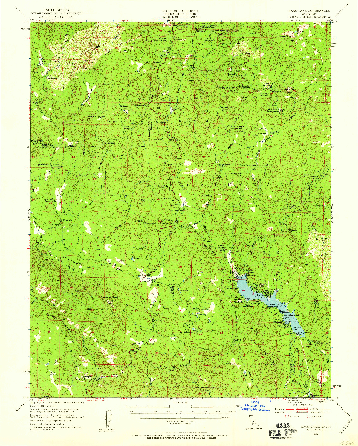 USGS 1:62500-SCALE QUADRANGLE FOR BASS LAKE, CA 1953