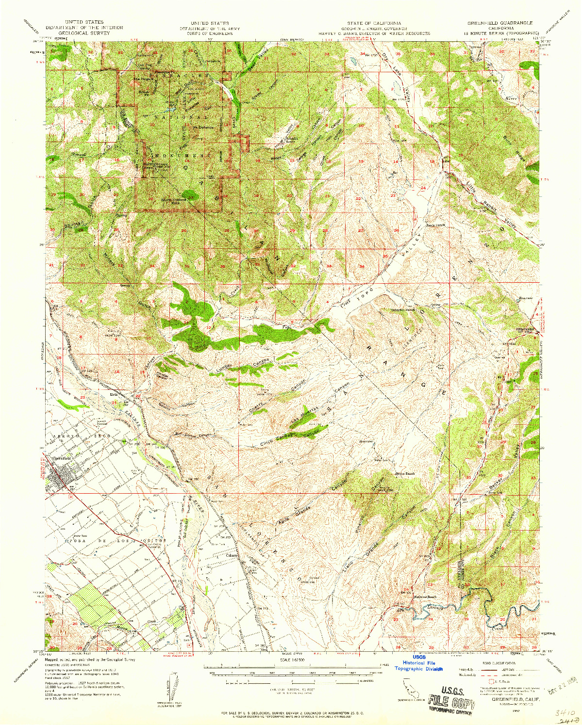 USGS 1:62500-SCALE QUADRANGLE FOR GREENFIELD, CA 1957