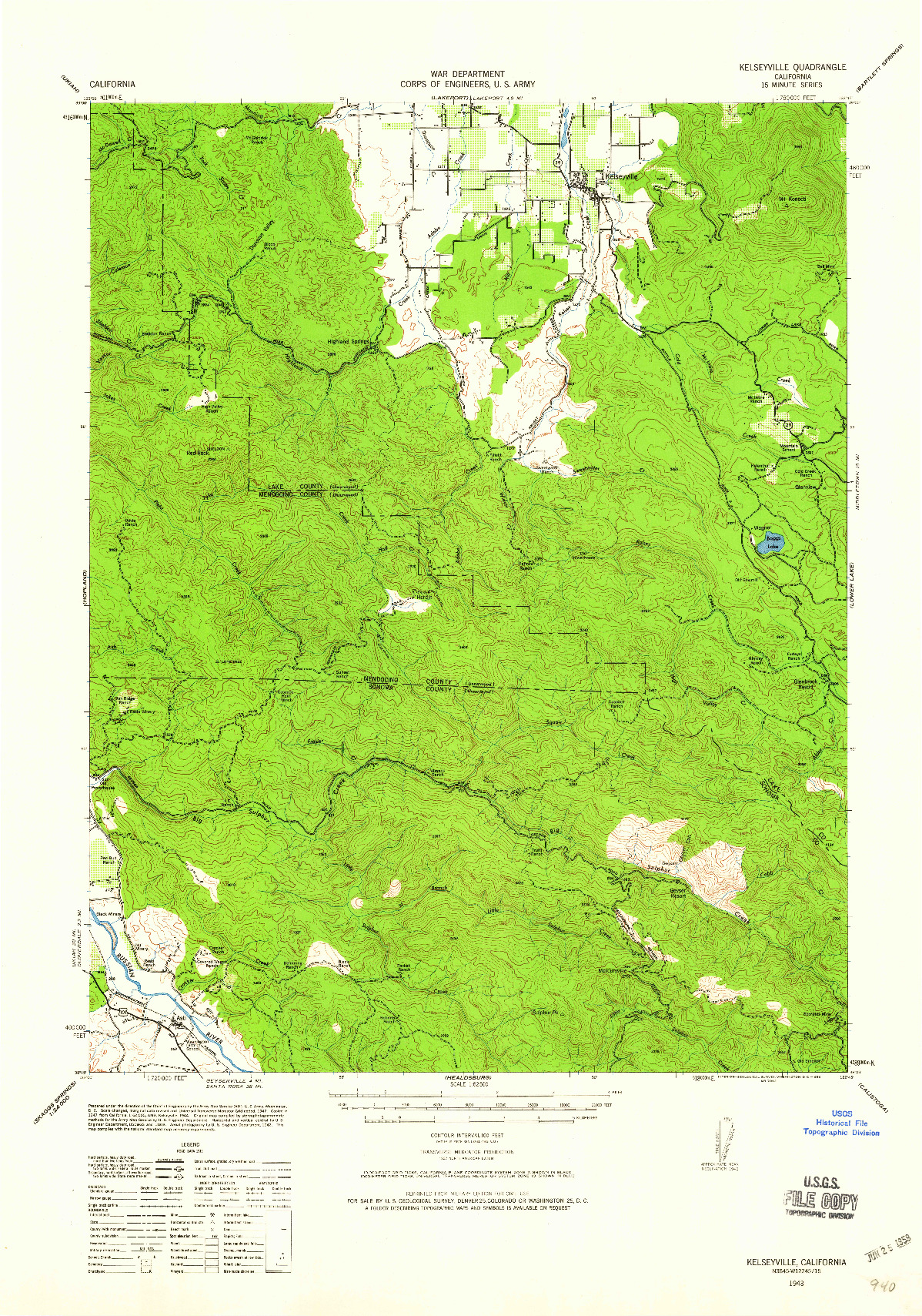 USGS 1:62500-SCALE QUADRANGLE FOR KELSEYVILLE, CA 1943
