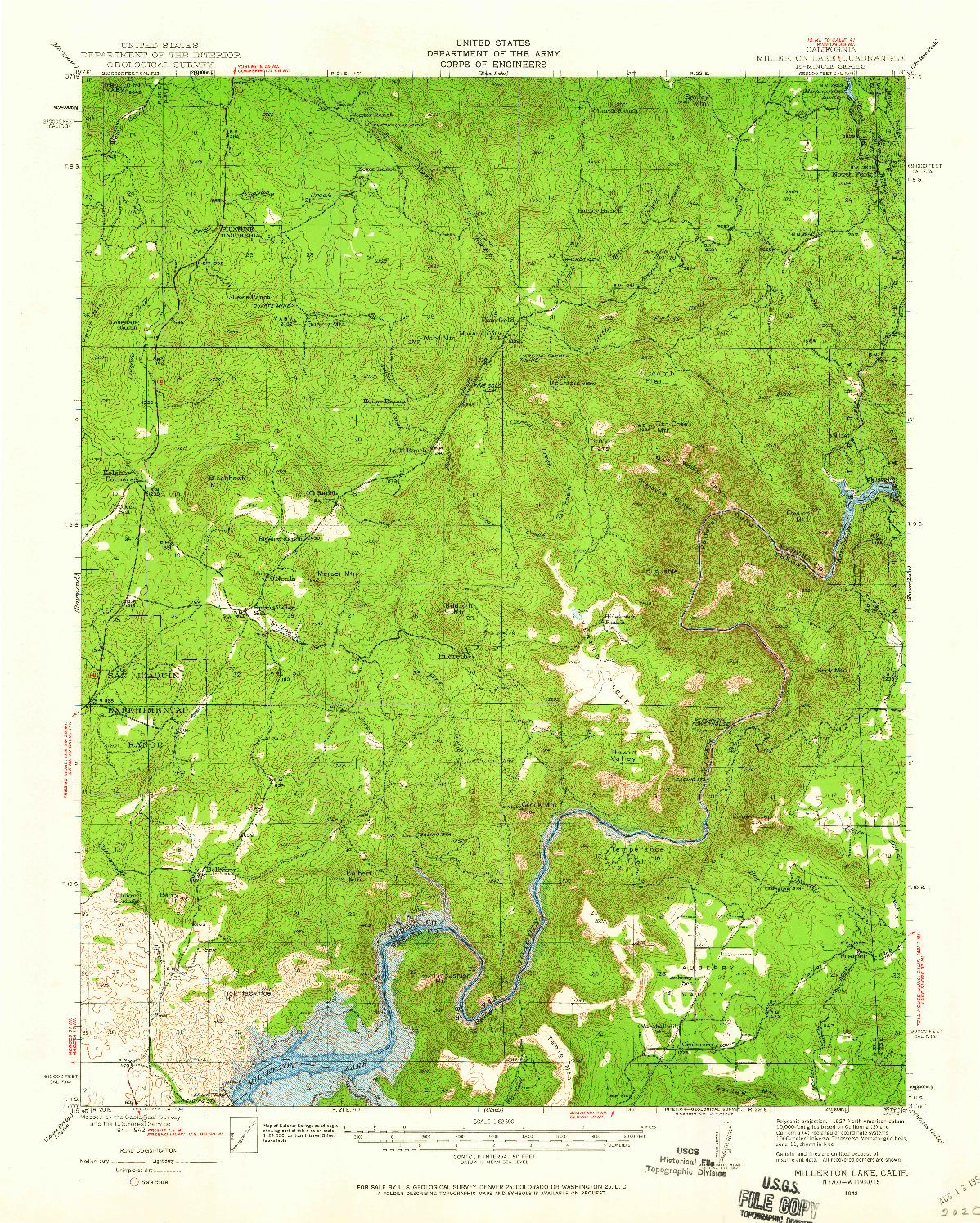 USGS 1:62500-SCALE QUADRANGLE FOR MILLERTON LAKE, CA 1942