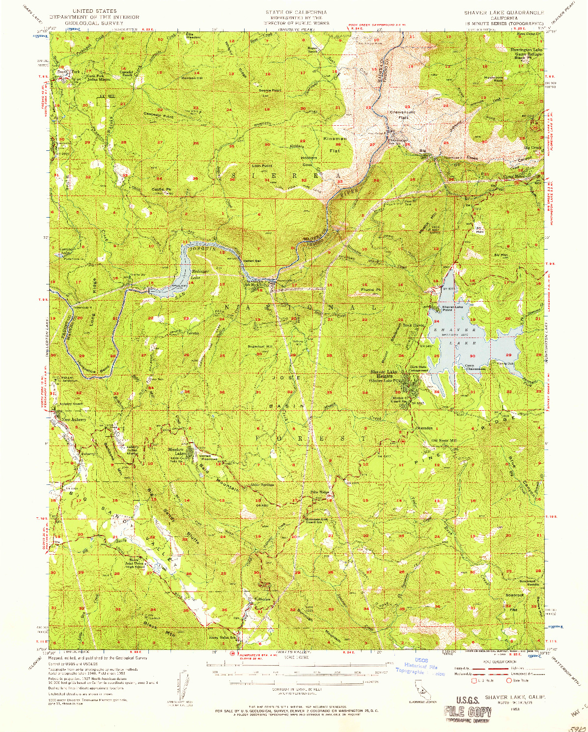 USGS 1:62500-SCALE QUADRANGLE FOR SHAVER LAKE, CA 1953