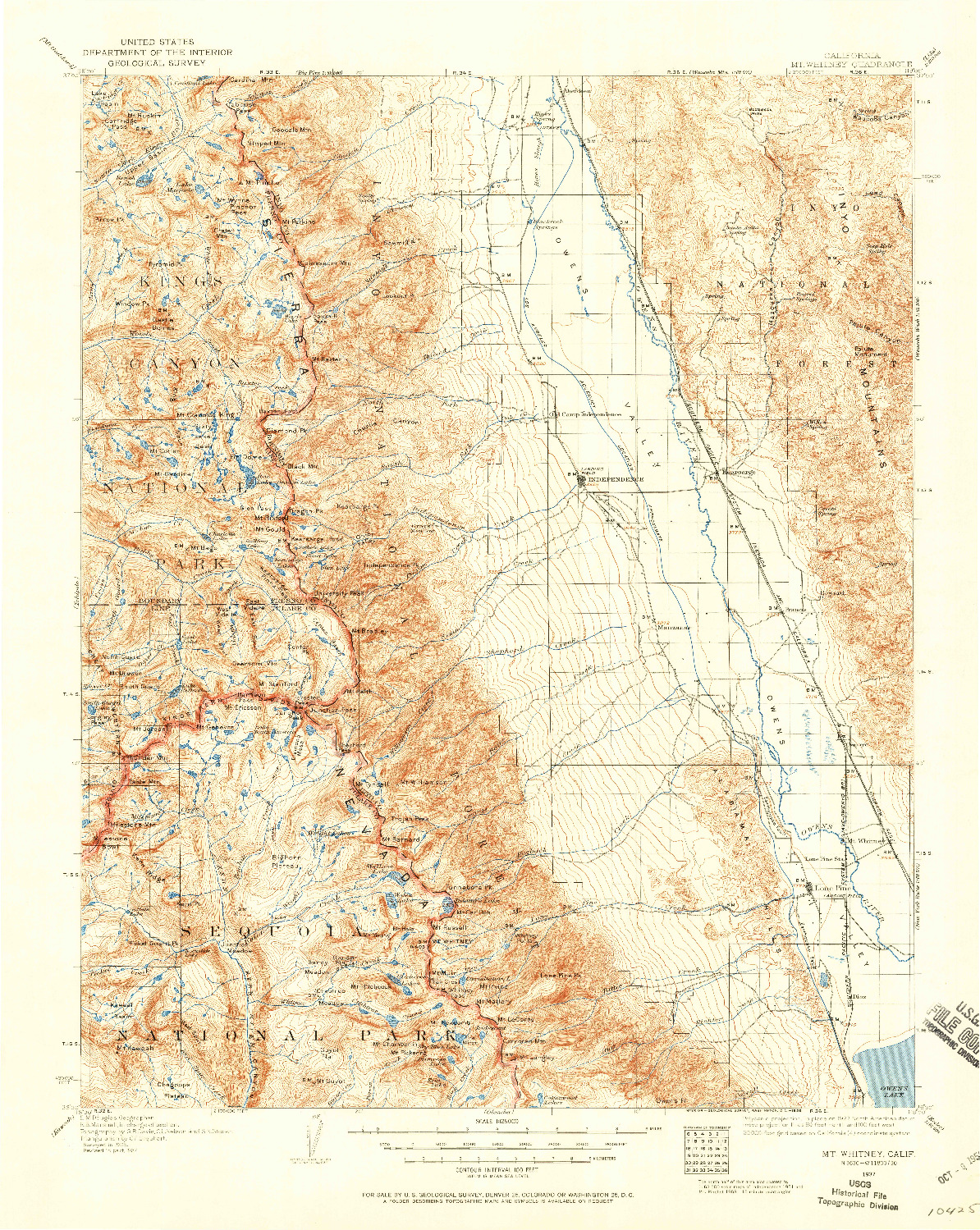 USGS 1:125000-SCALE QUADRANGLE FOR MT. WHITNEY, CA 1937