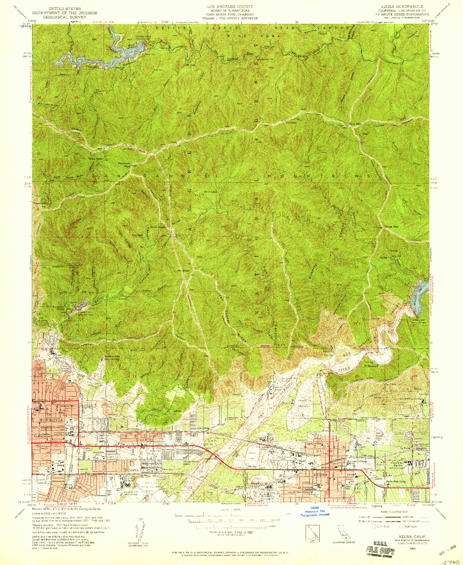 USGS 1:24000-SCALE QUADRANGLE FOR AZUSA, CA 1953