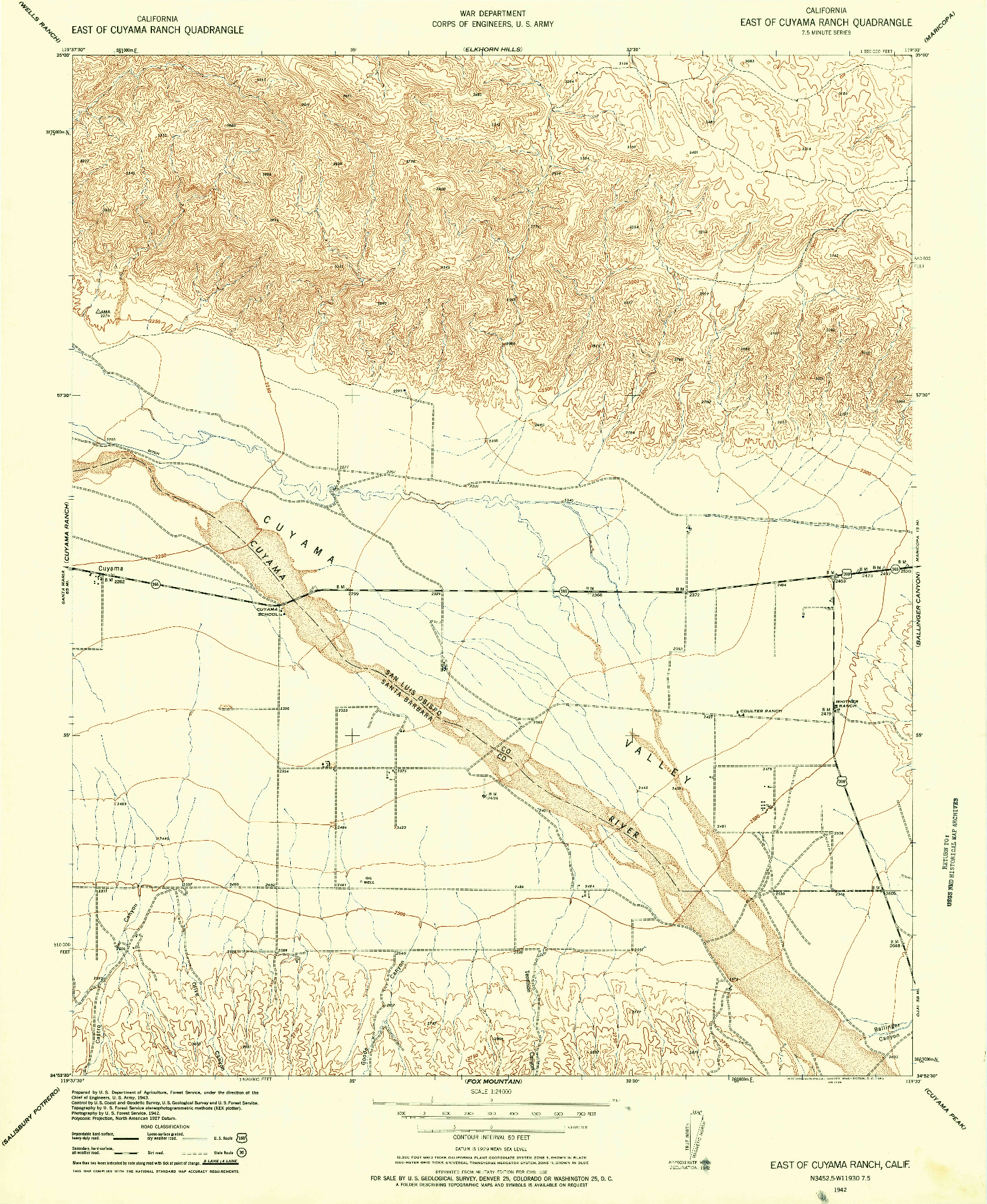 USGS 1:24000-SCALE QUADRANGLE FOR EAST OF CUYAMA RANCH, CA 1942