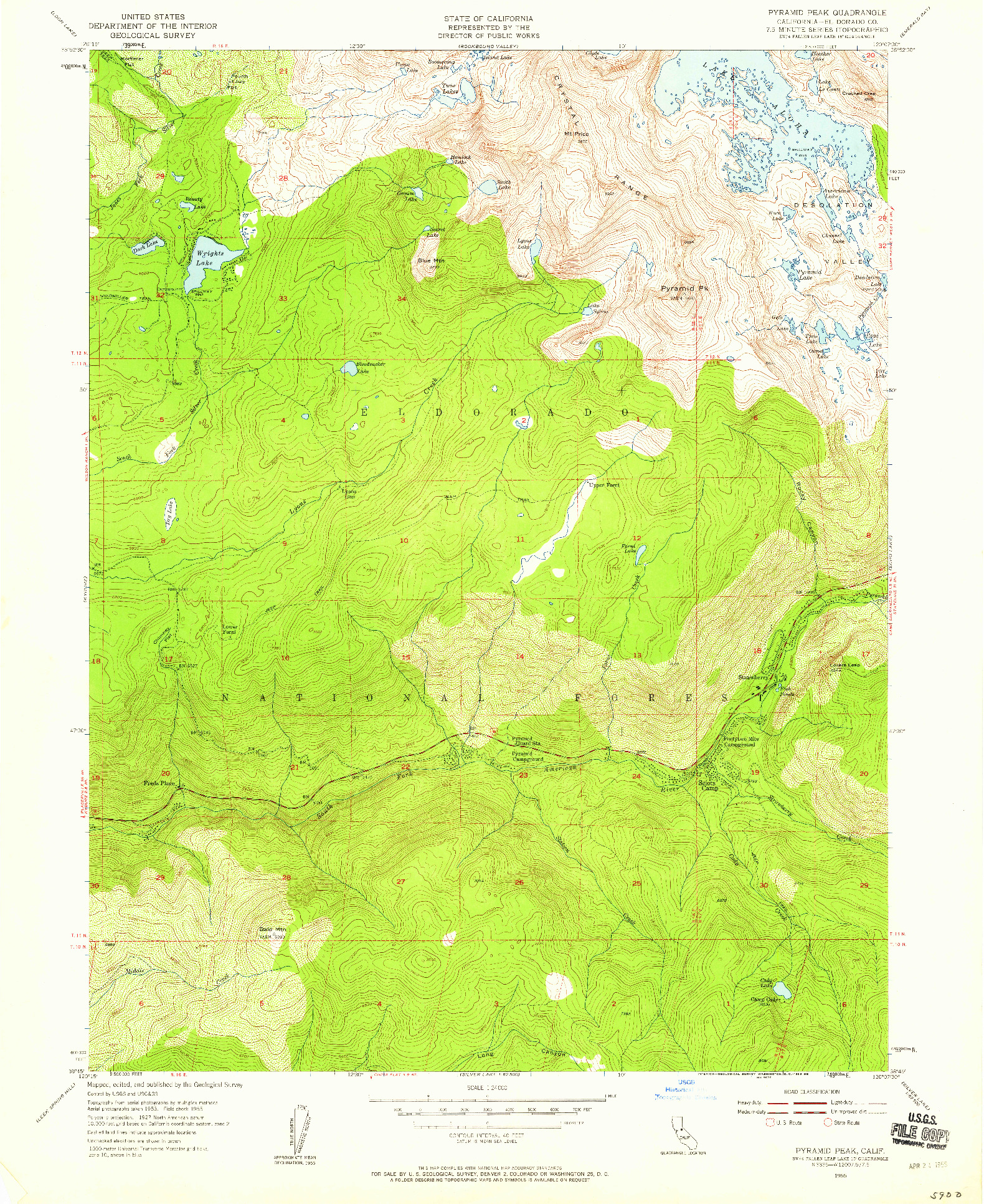 USGS 1:24000-SCALE QUADRANGLE FOR PYRAMID PEAK, CA 1955