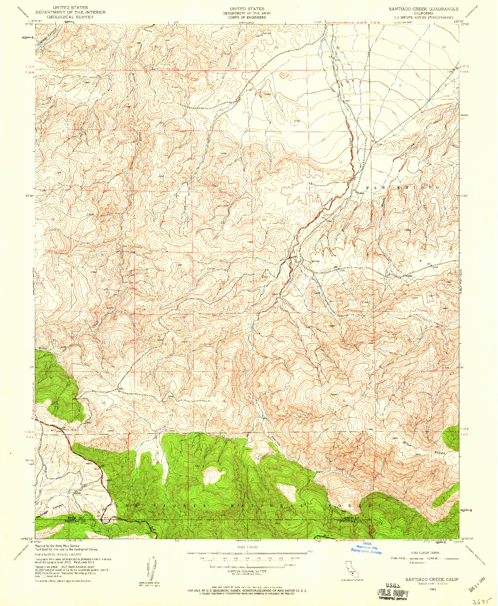 USGS 1:24000-SCALE QUADRANGLE FOR SANTIAGO CREEK, CA 1943