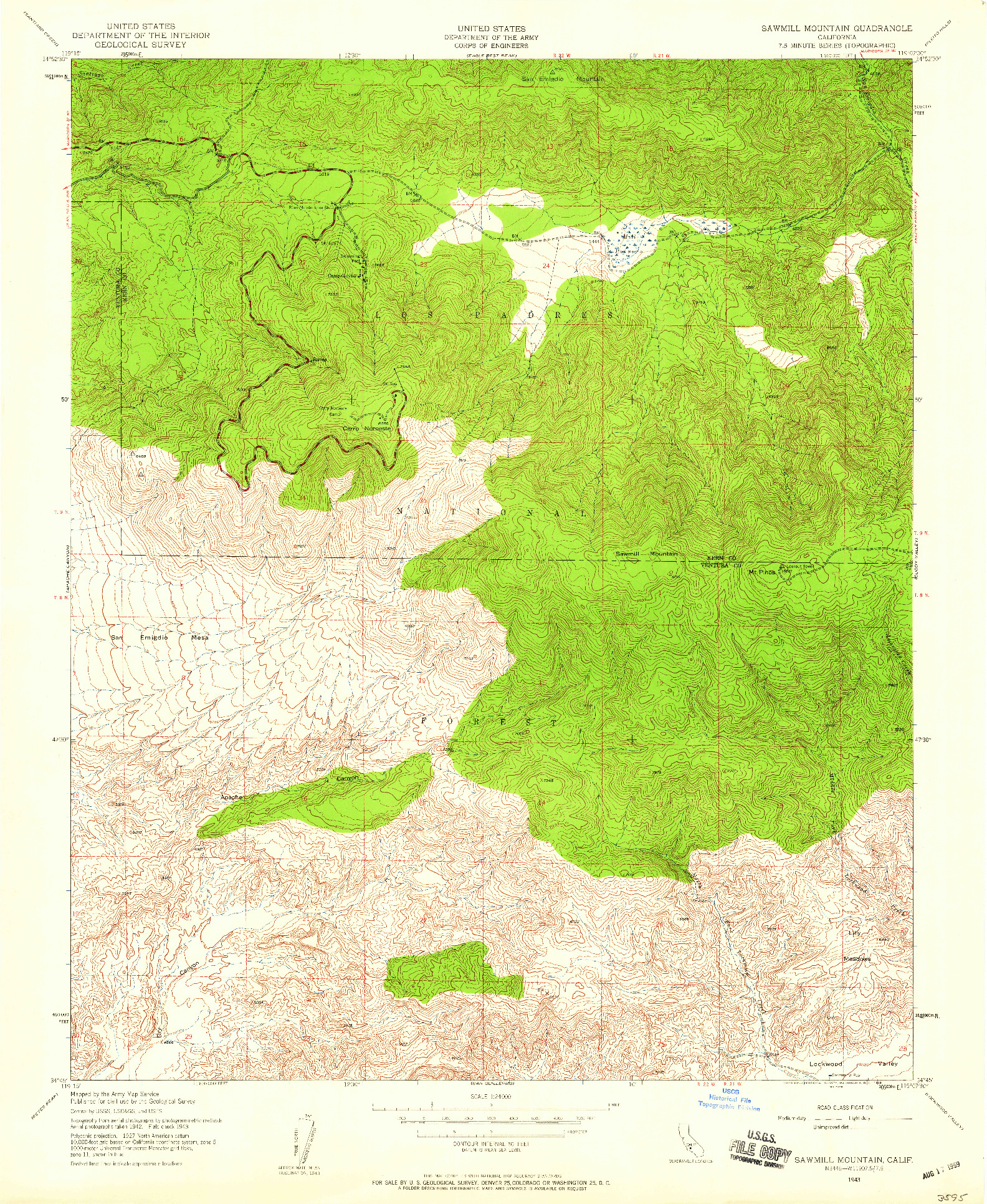 USGS 1:24000-SCALE QUADRANGLE FOR SAWMILL MOUNTAIN, CA 1943