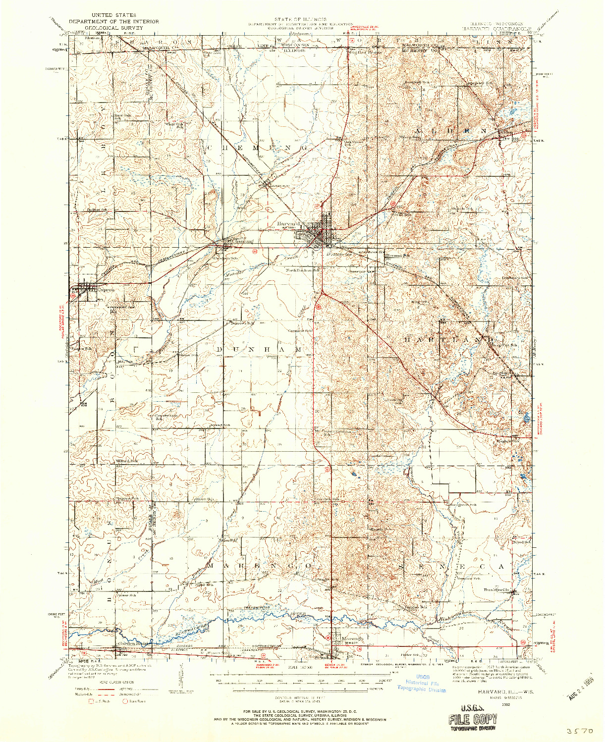USGS 1:62500-SCALE QUADRANGLE FOR HARVARD, IL 1932