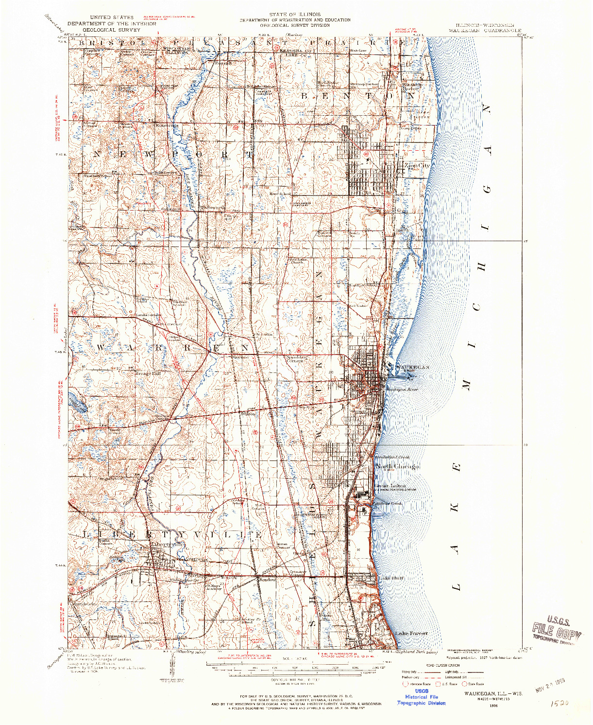 USGS 1:62500-SCALE QUADRANGLE FOR WAUKEGAN, IL 1906