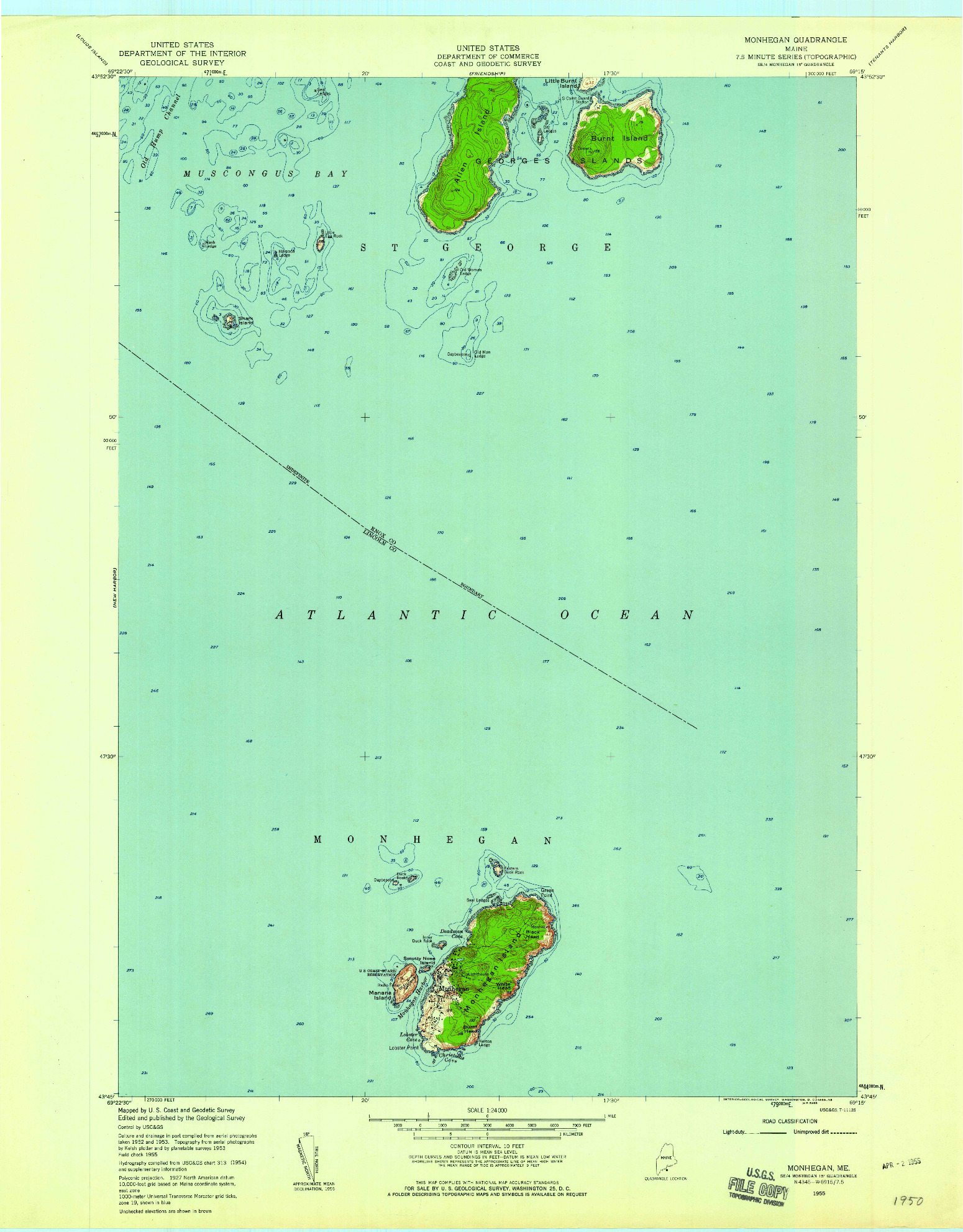 USGS 1:24000-SCALE QUADRANGLE FOR MONHEGAN, ME 1955