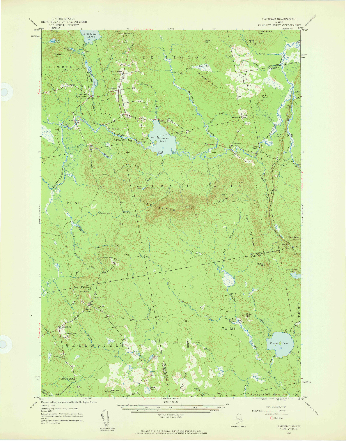 USGS 1:62500-SCALE QUADRANGLE FOR SAPONAC, ME 1957